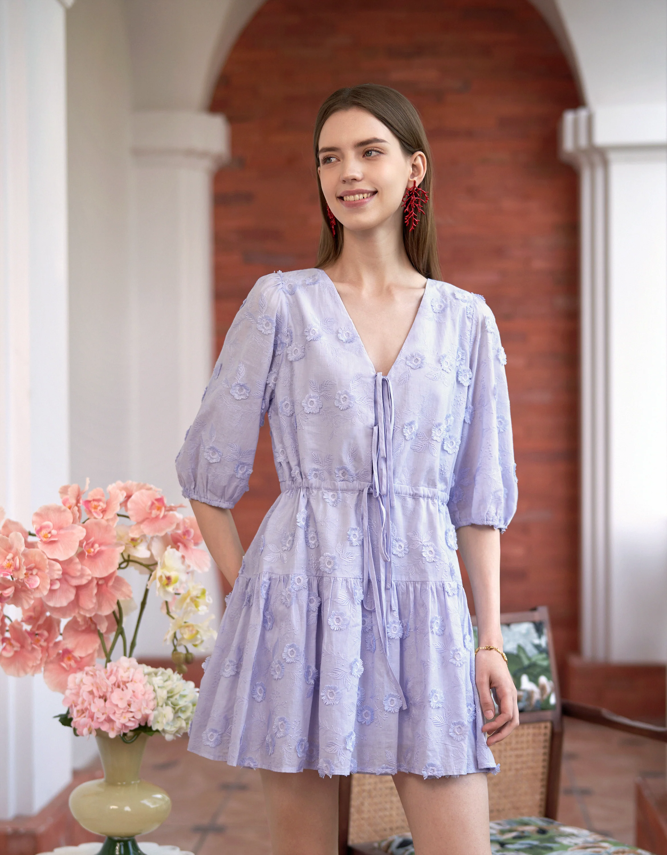 3D Embroidery Puff Sleeve Dress - Image 2