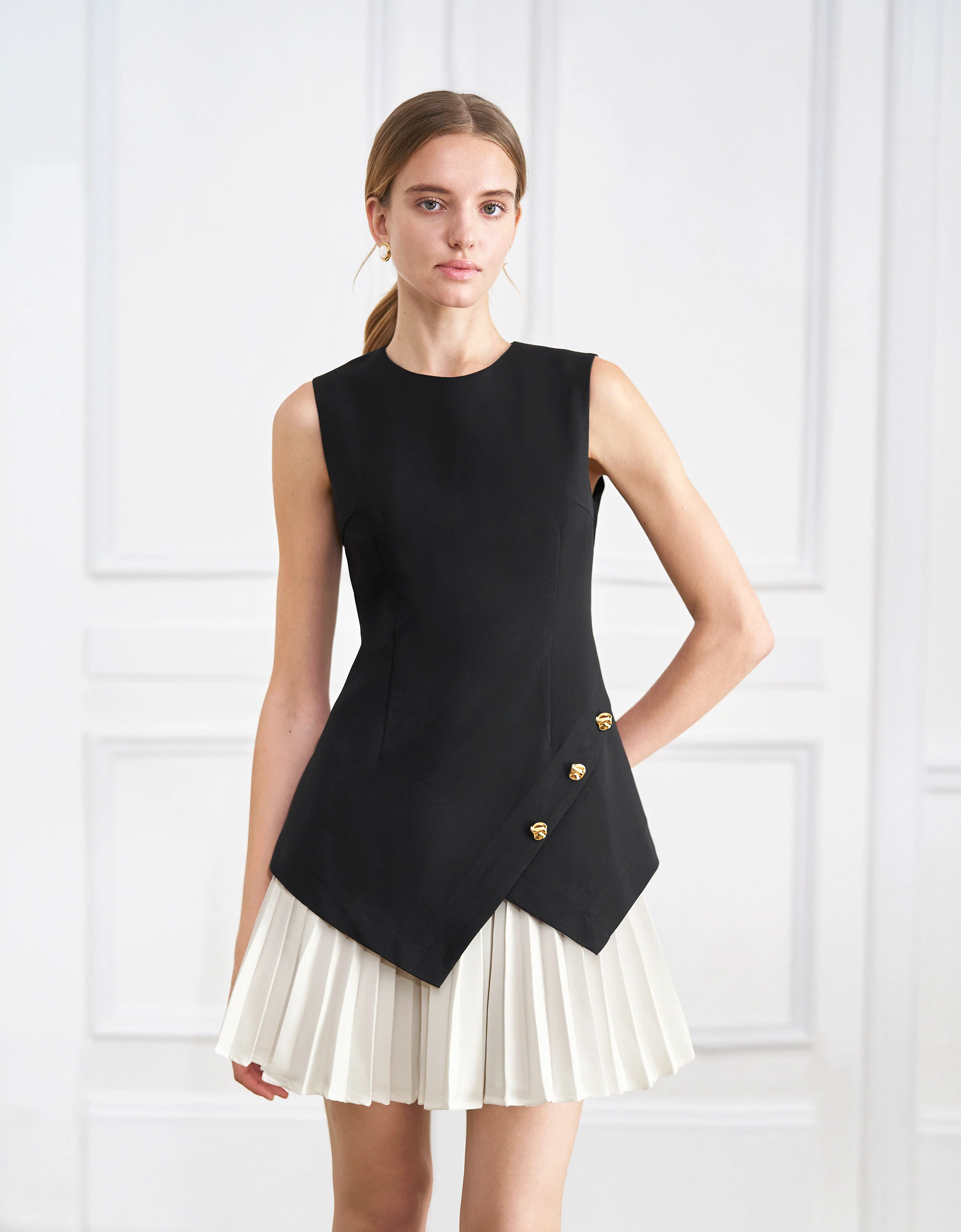 Asymmetric Colorblock Pleated Hem Sleeveless Dress - Image 2