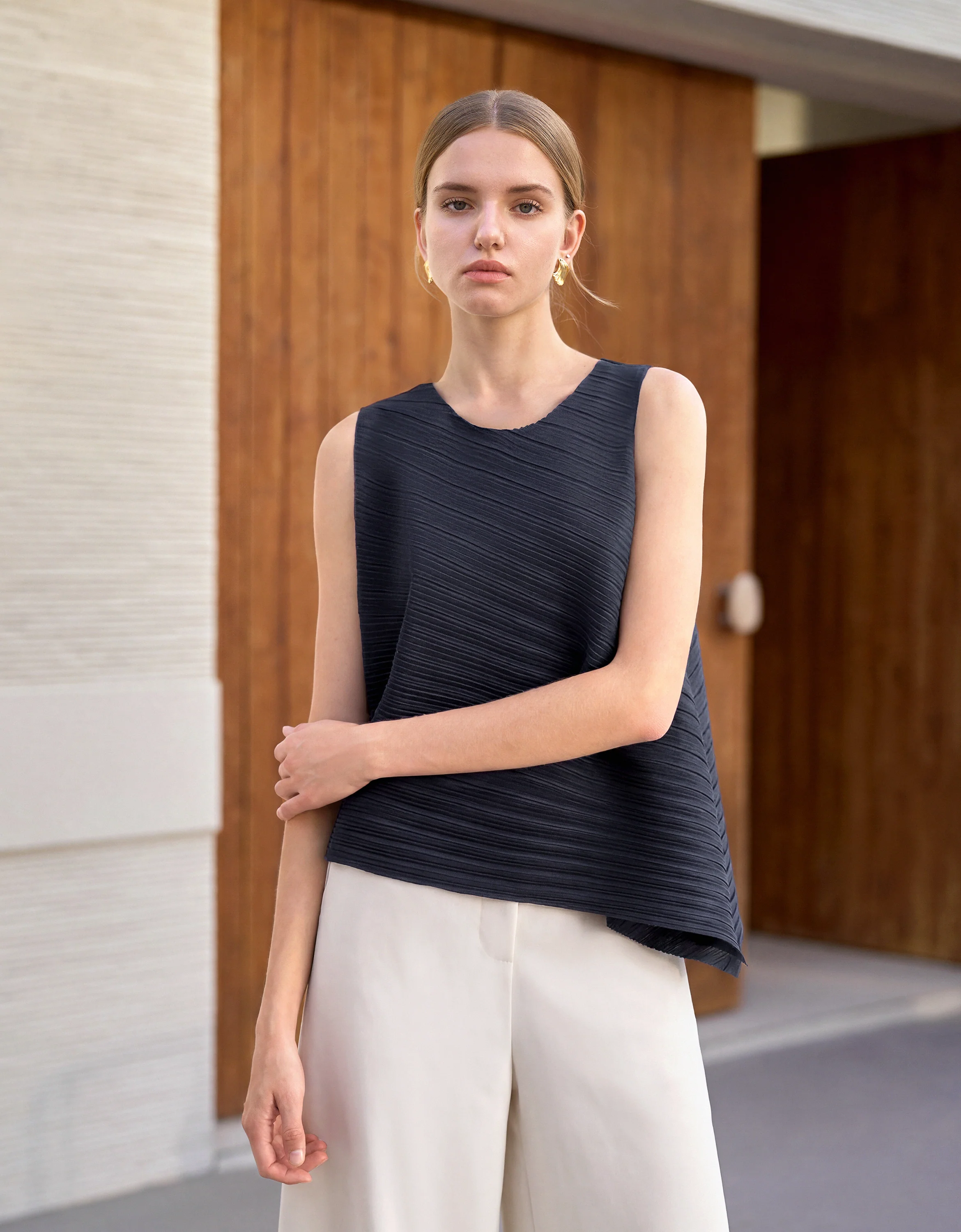 Asymmetric Pleated Sleeveless Top