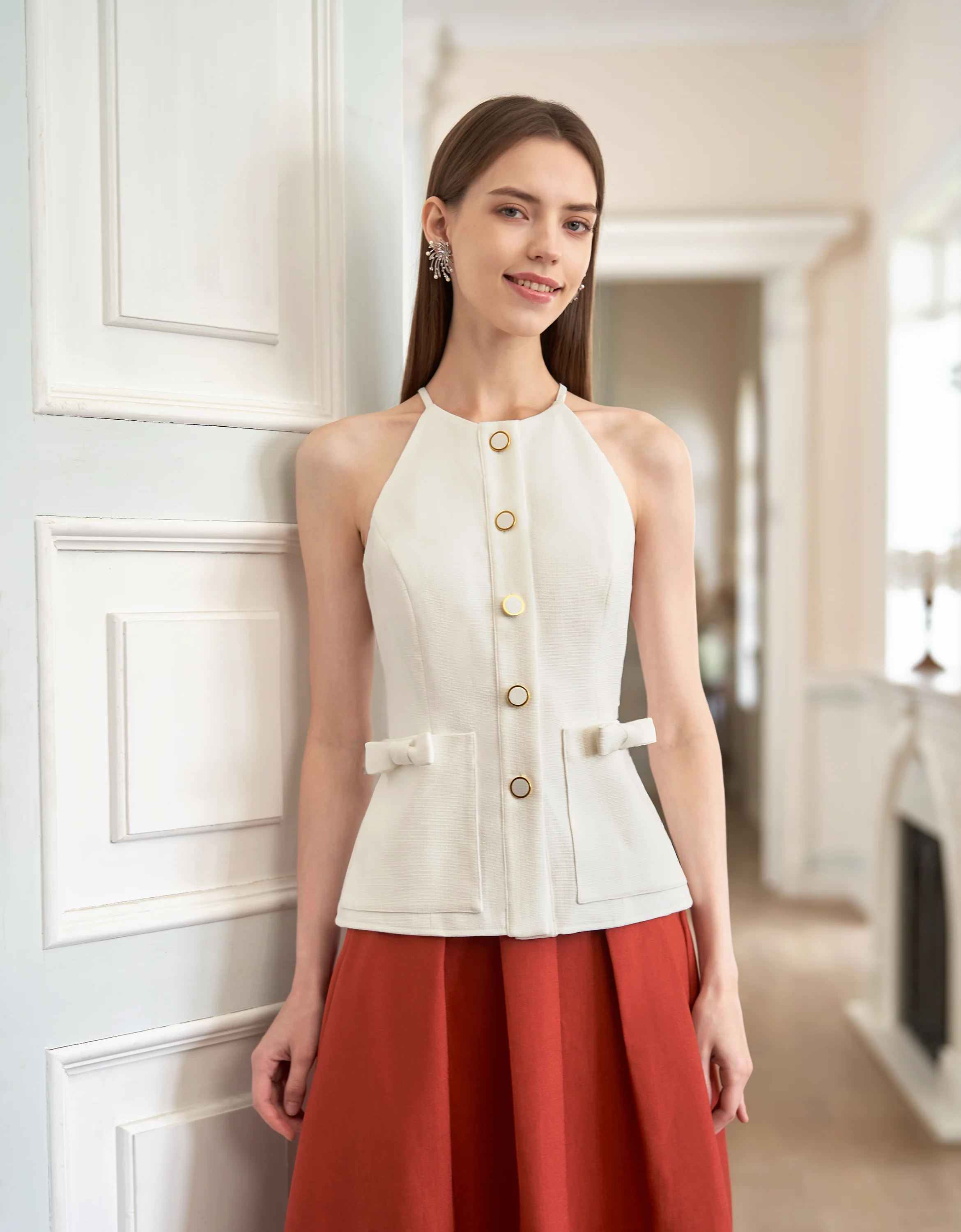 Bow Detail Button Front Sleeveless Top - Image 21