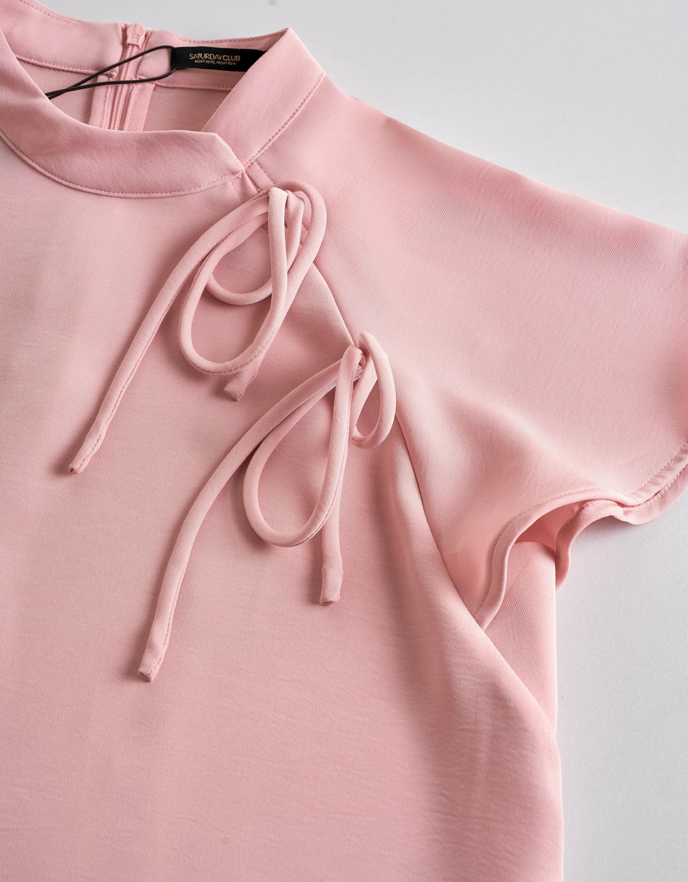 Bow Detail Mandarin Collar Short Sleeve Top - Image 5