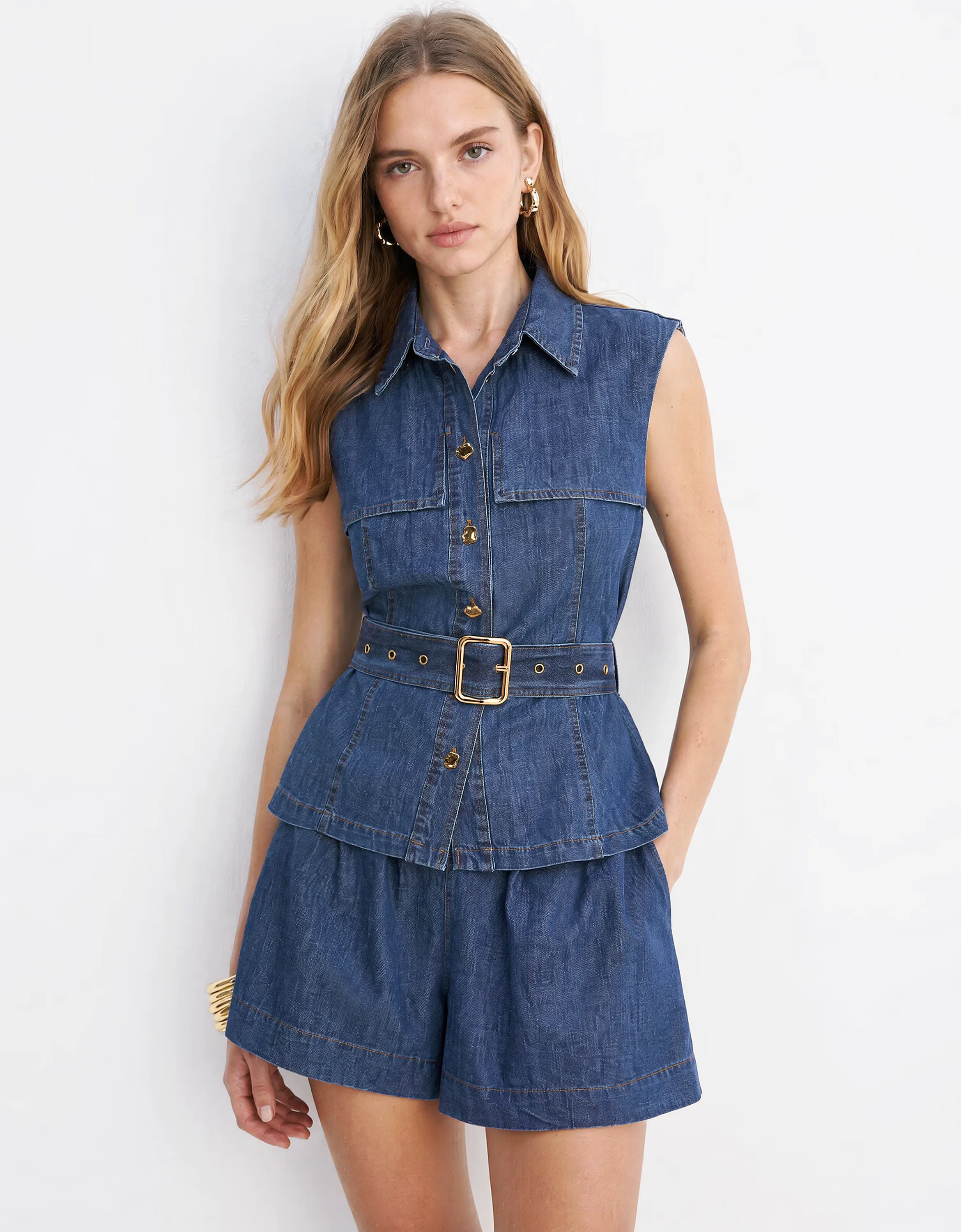 Button Detail Pleated Denim Shorts