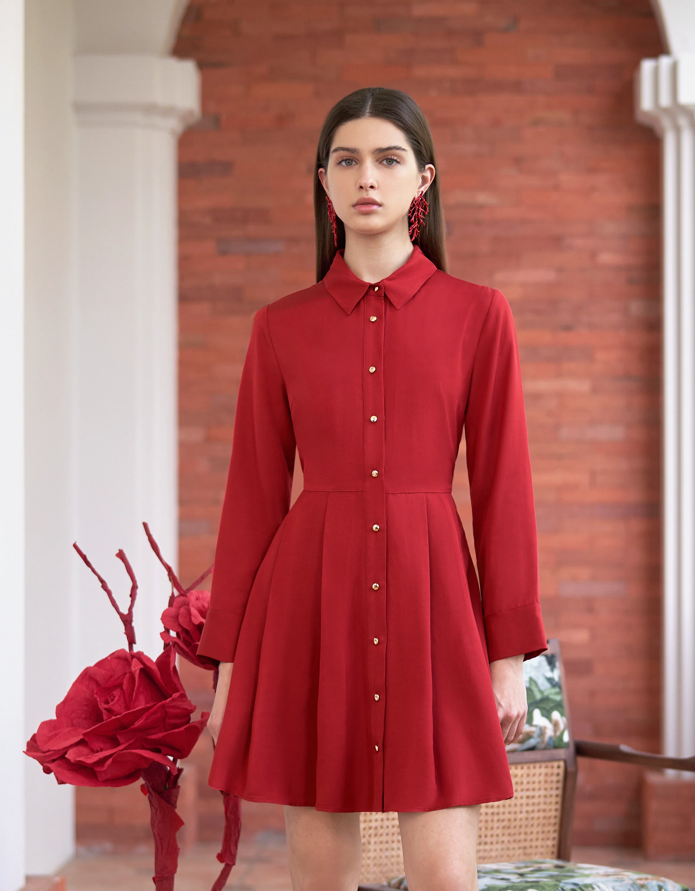 Button Front Long Sleeve Shirt Dress - Image 3