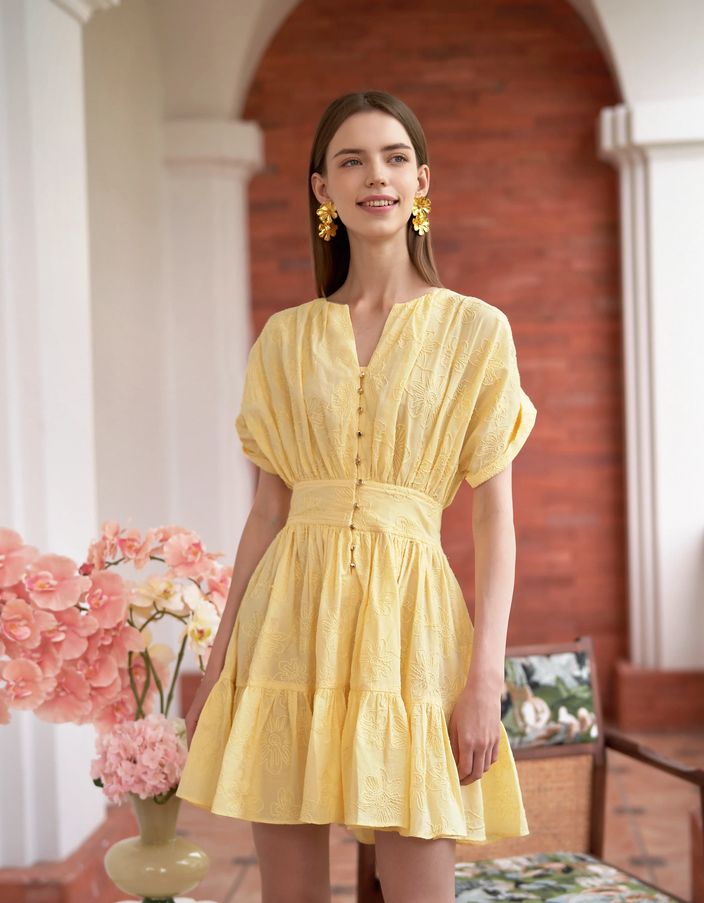 Button Front Ruffled Hem Pleated Dress - Image 11