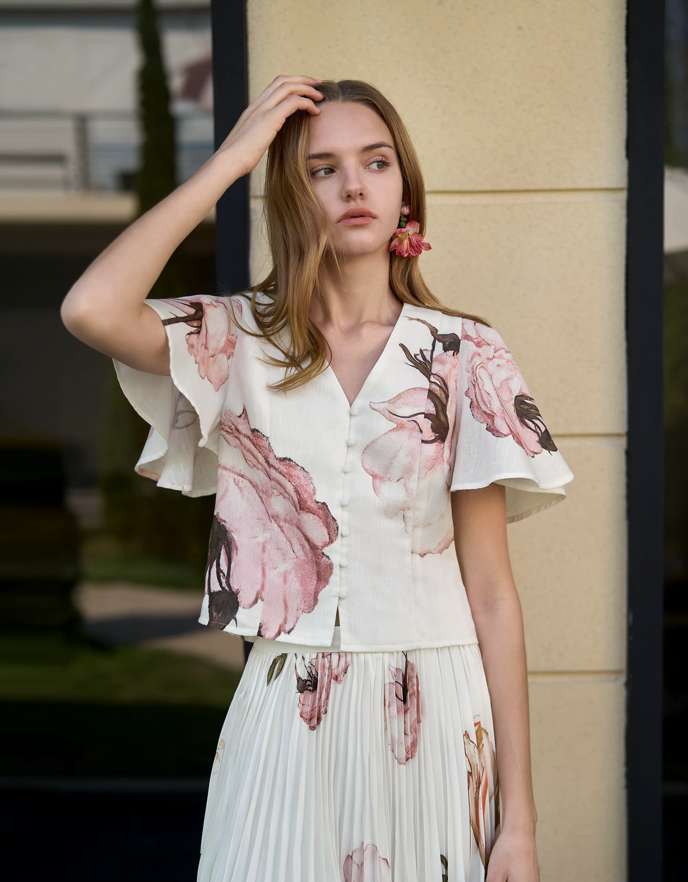 Button Front Ruffled Sleeves V-neck Top