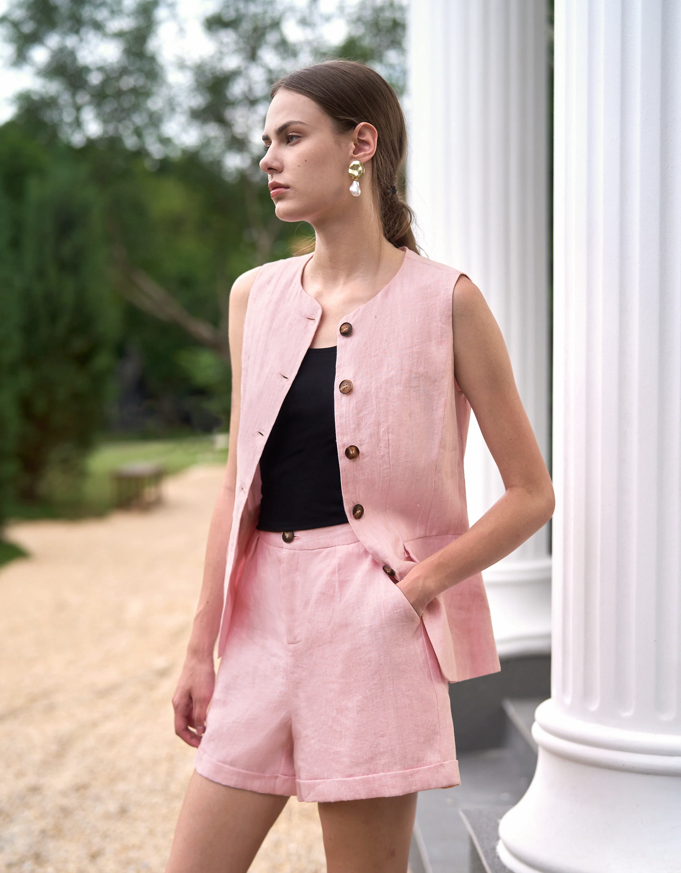 Button Front Sleeveless Linen Vest - Image 13