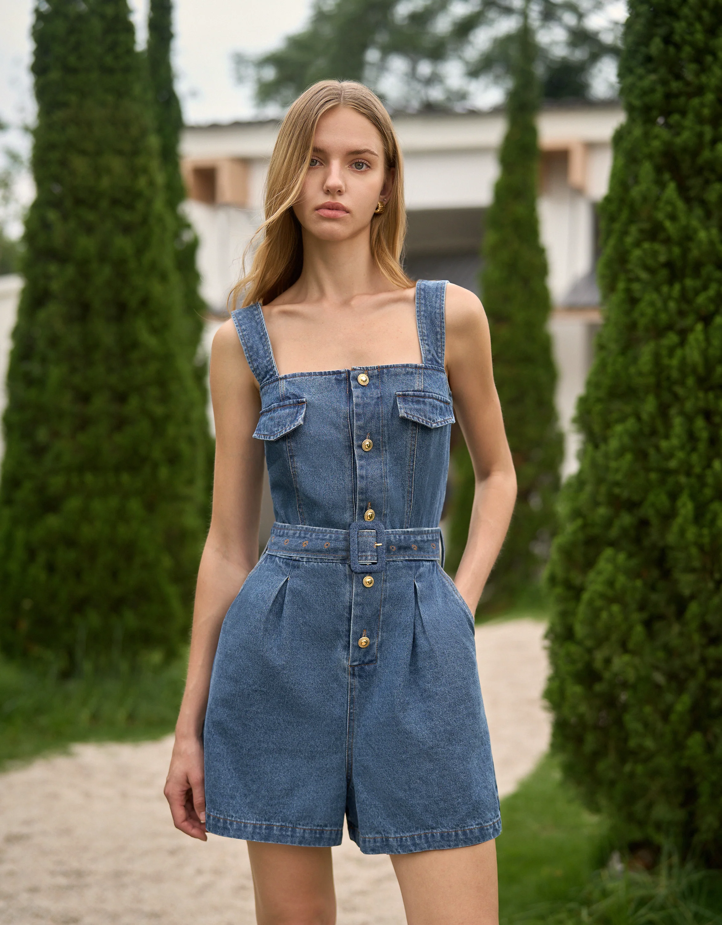 Button Front Square Neck Denim Romper