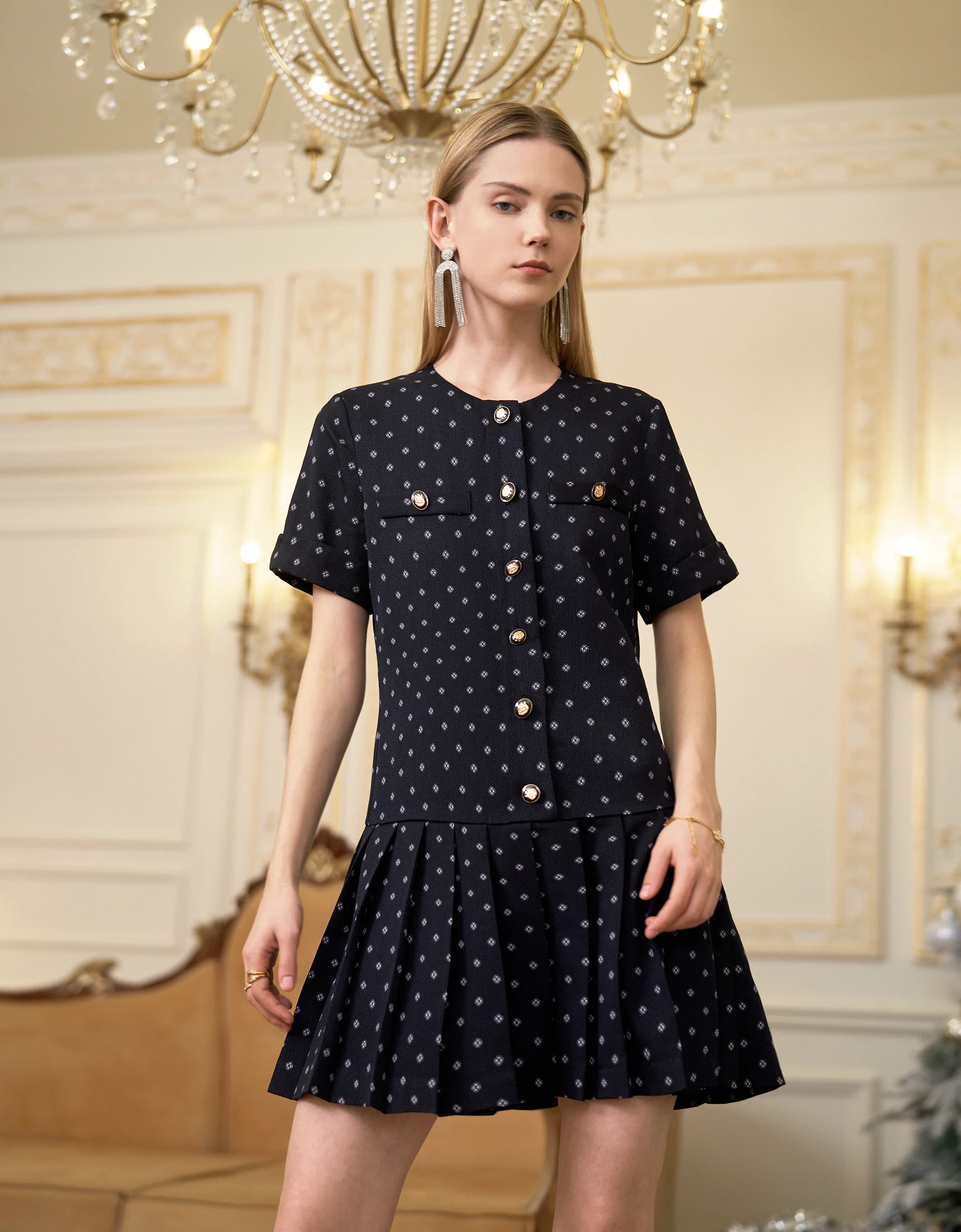 Contrast Collar Pleated Hem Printed Dress - Image 3