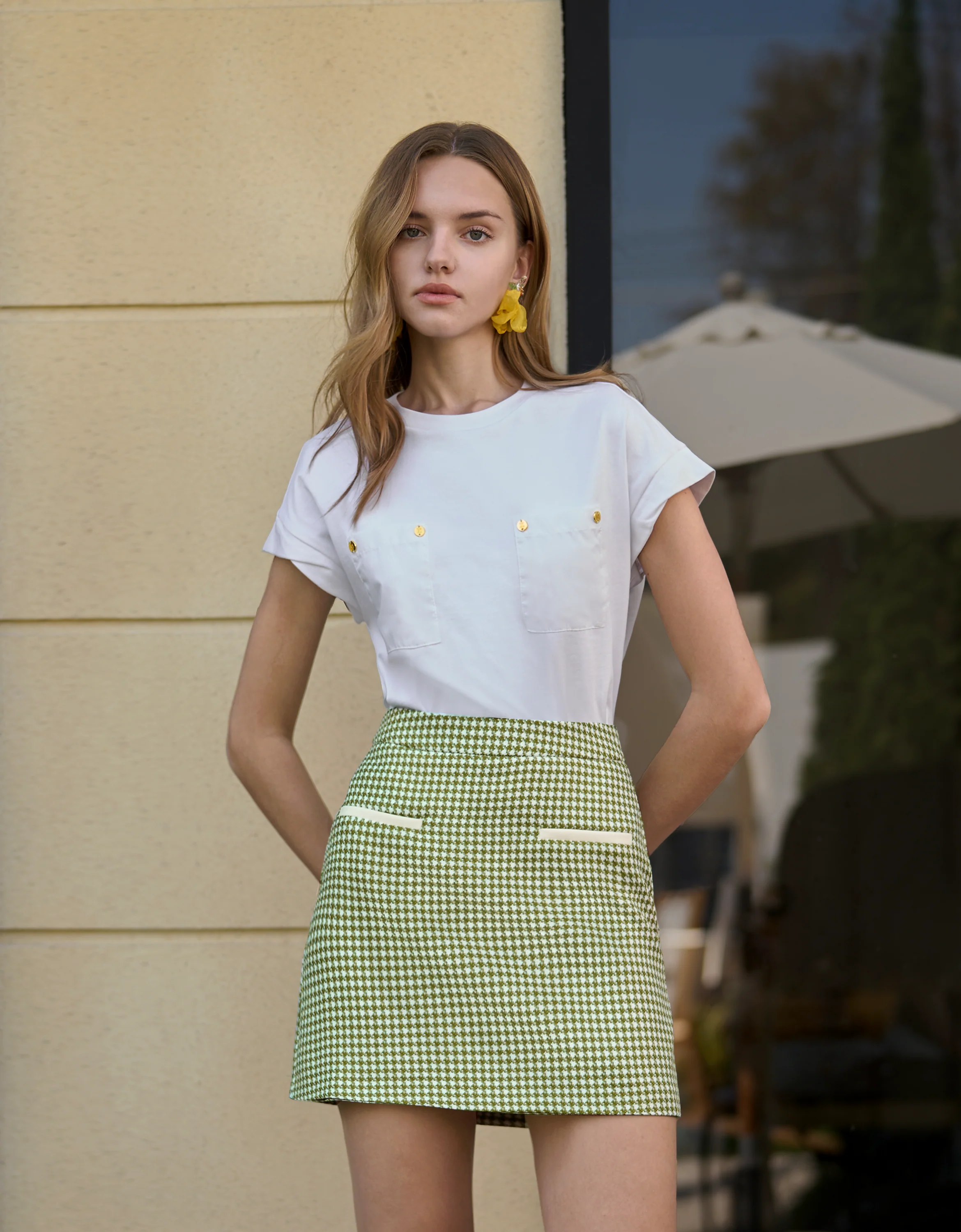 Contrast Pocket Trim Houndstooth Skirt - Image 3