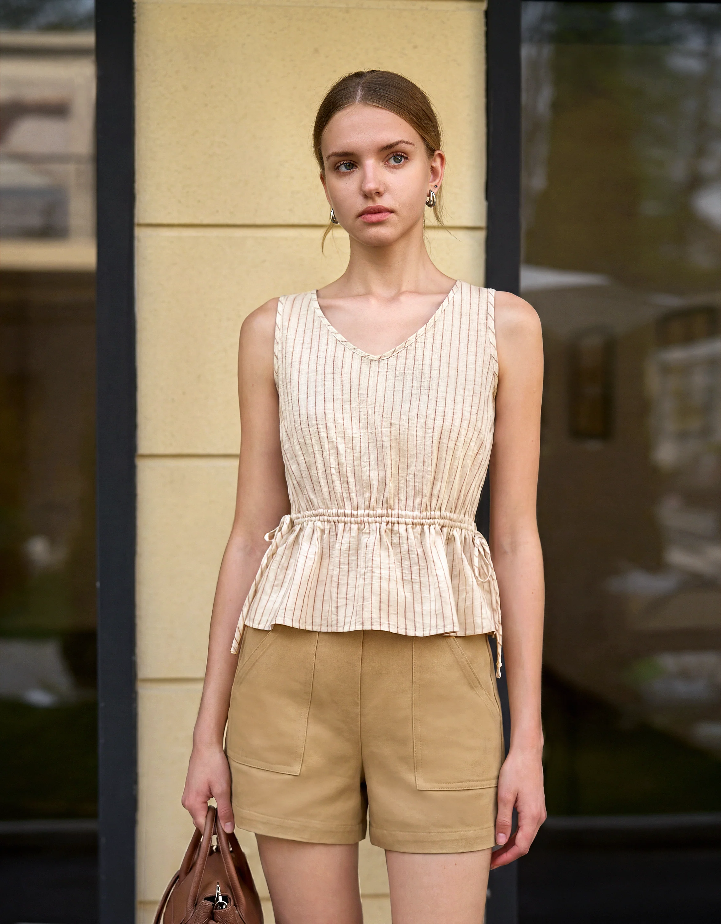 Drawstring Waist U-neck Striped Top - Image 9