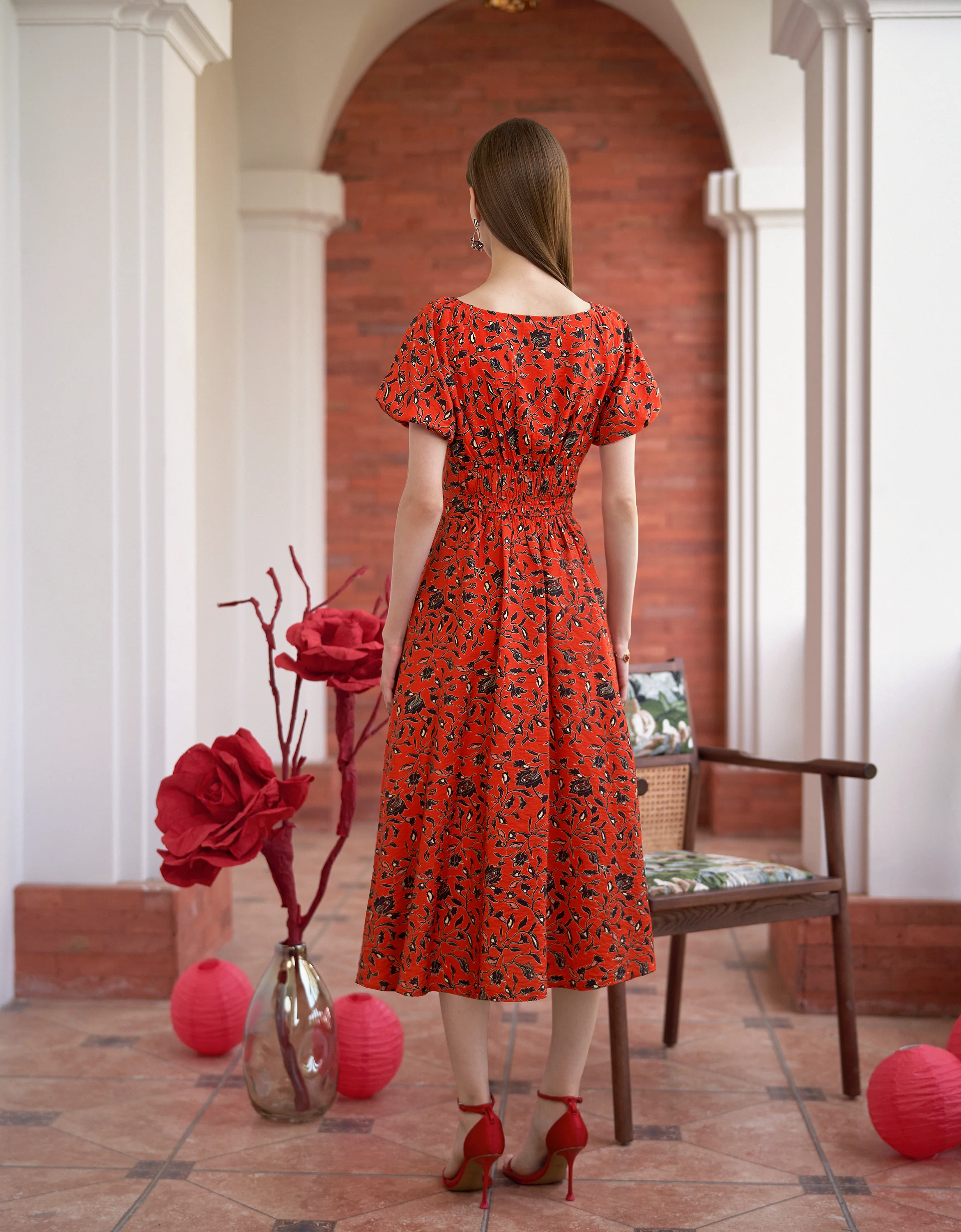 Elastic Waist Floral Print Midi Dress - Image 4