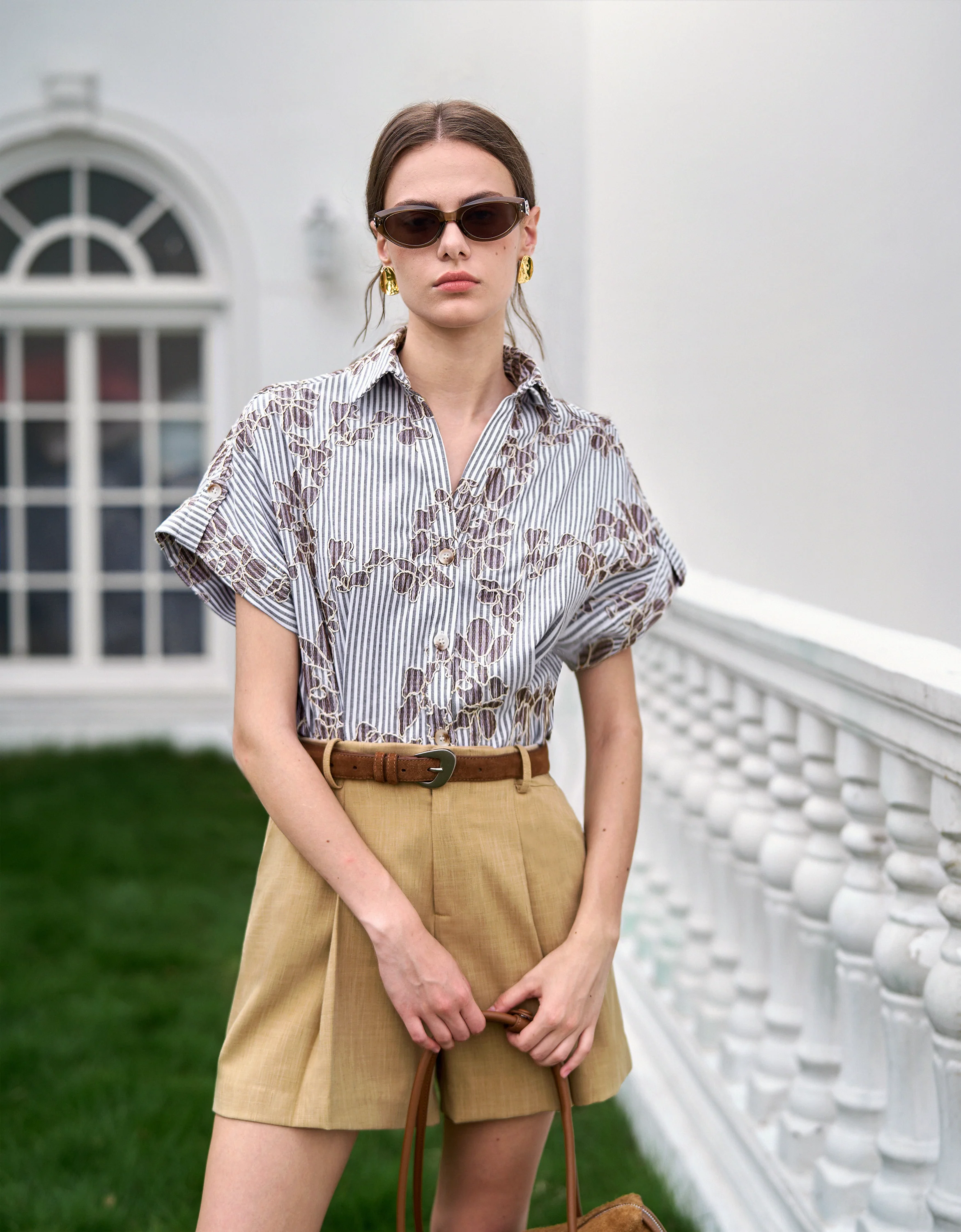 Embroidered Striped Short Sleeve Shirt