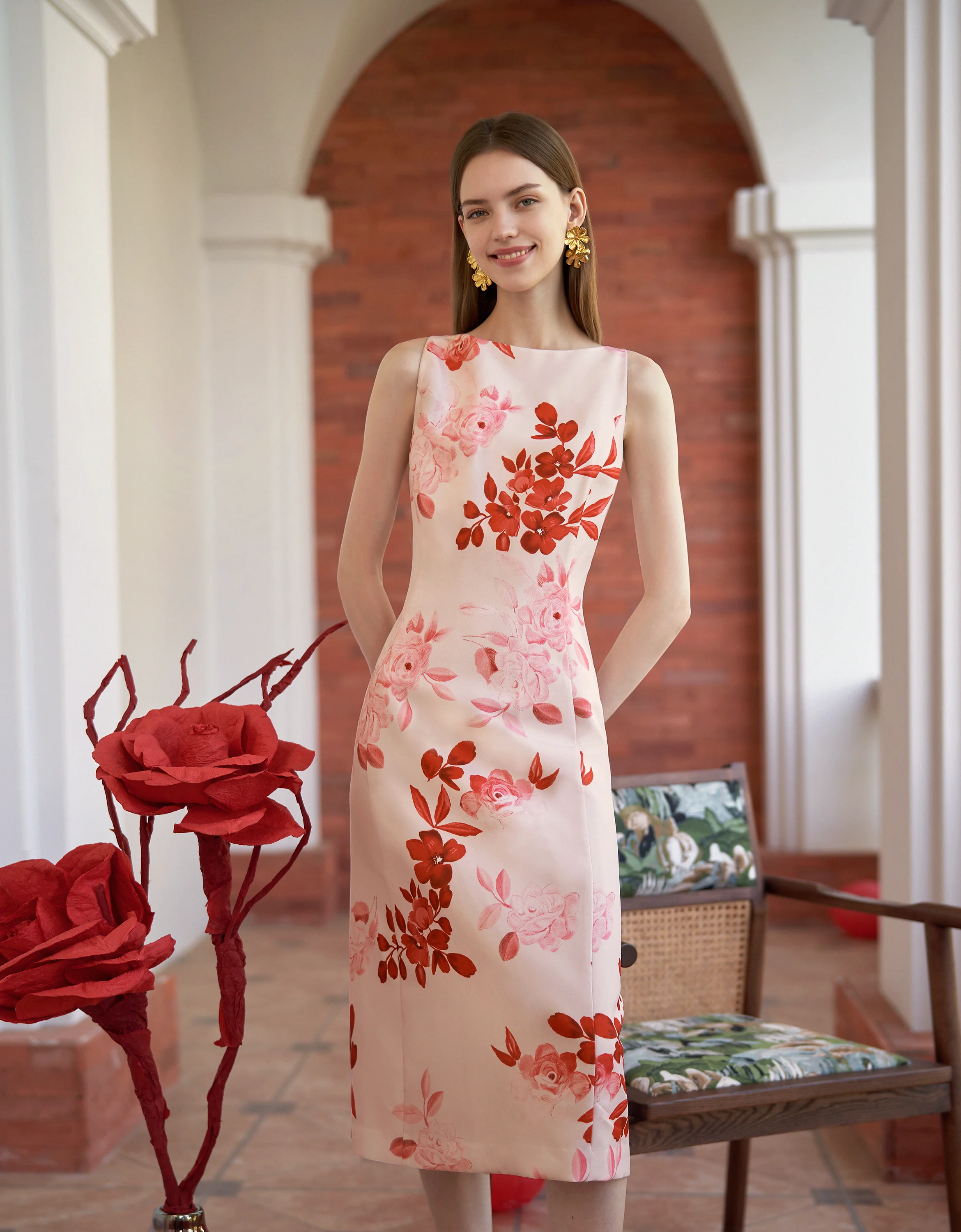 Exclusive Floral Print Boat Neck Sleeveless Dress - Image 2