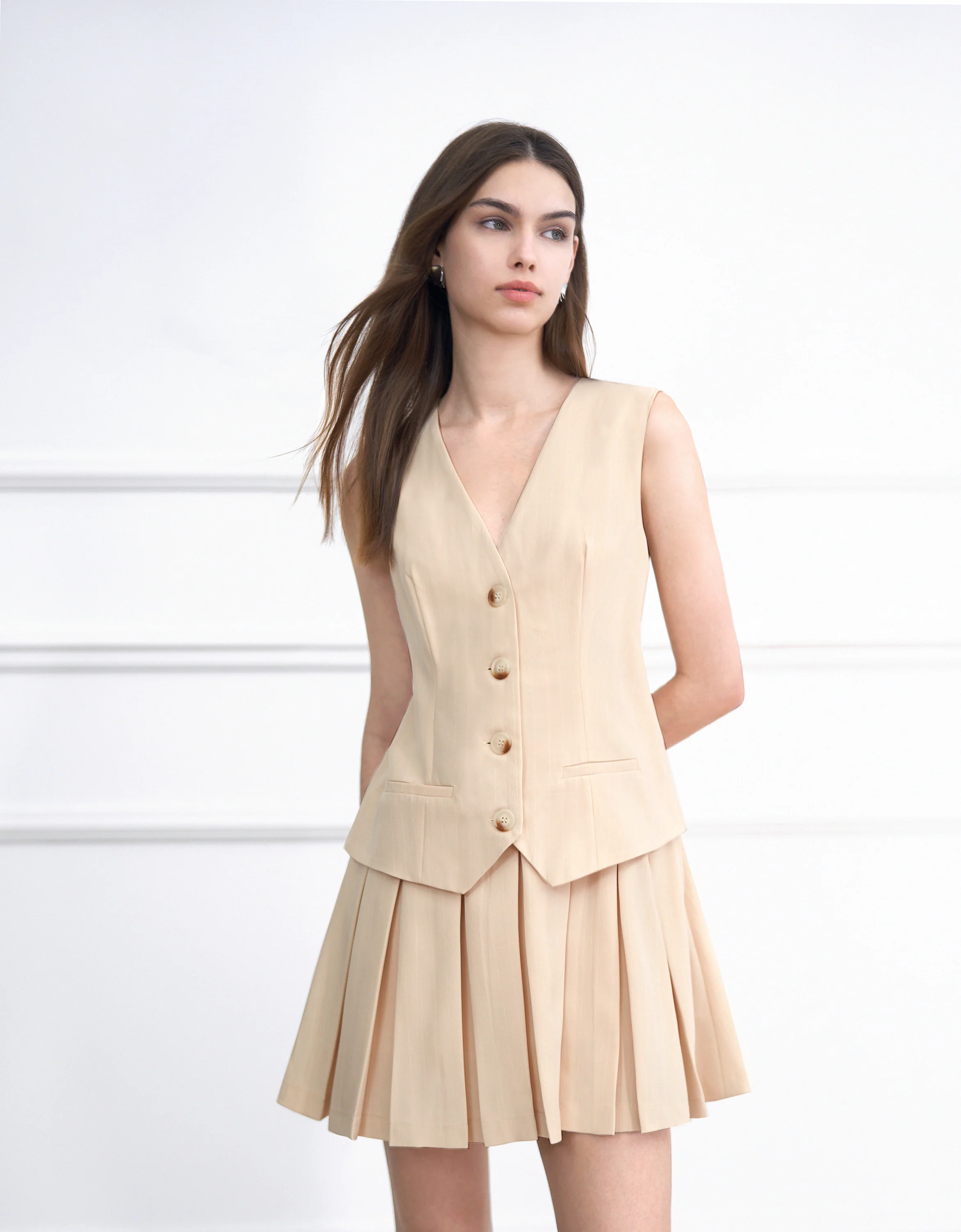 Faux Two-piece Pleated Skirt Vest Style Dress - Image 5