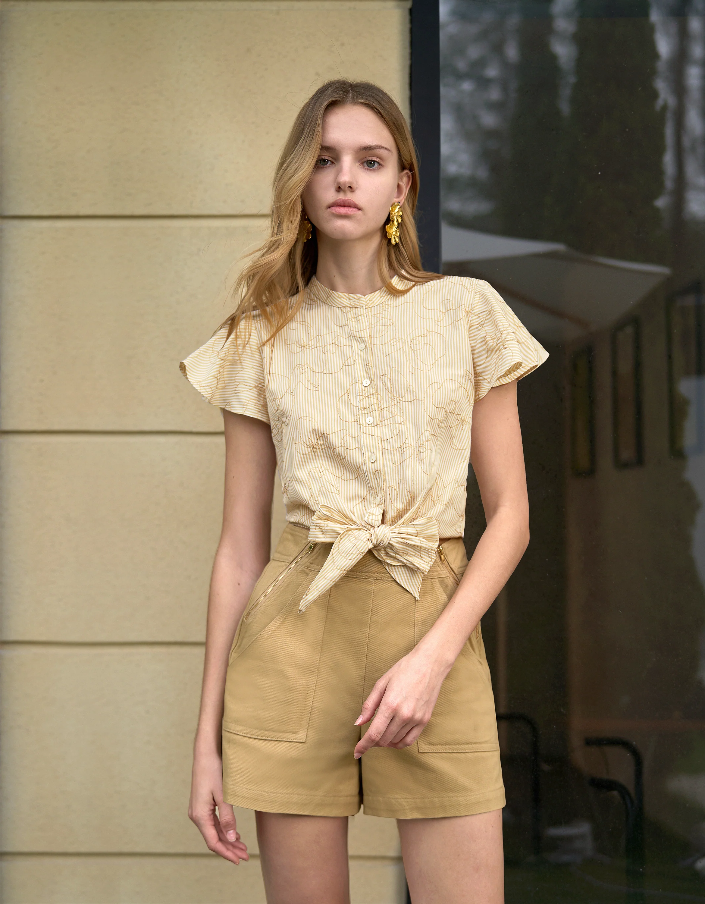 Floral Embroidery Waist Knot Striped Top