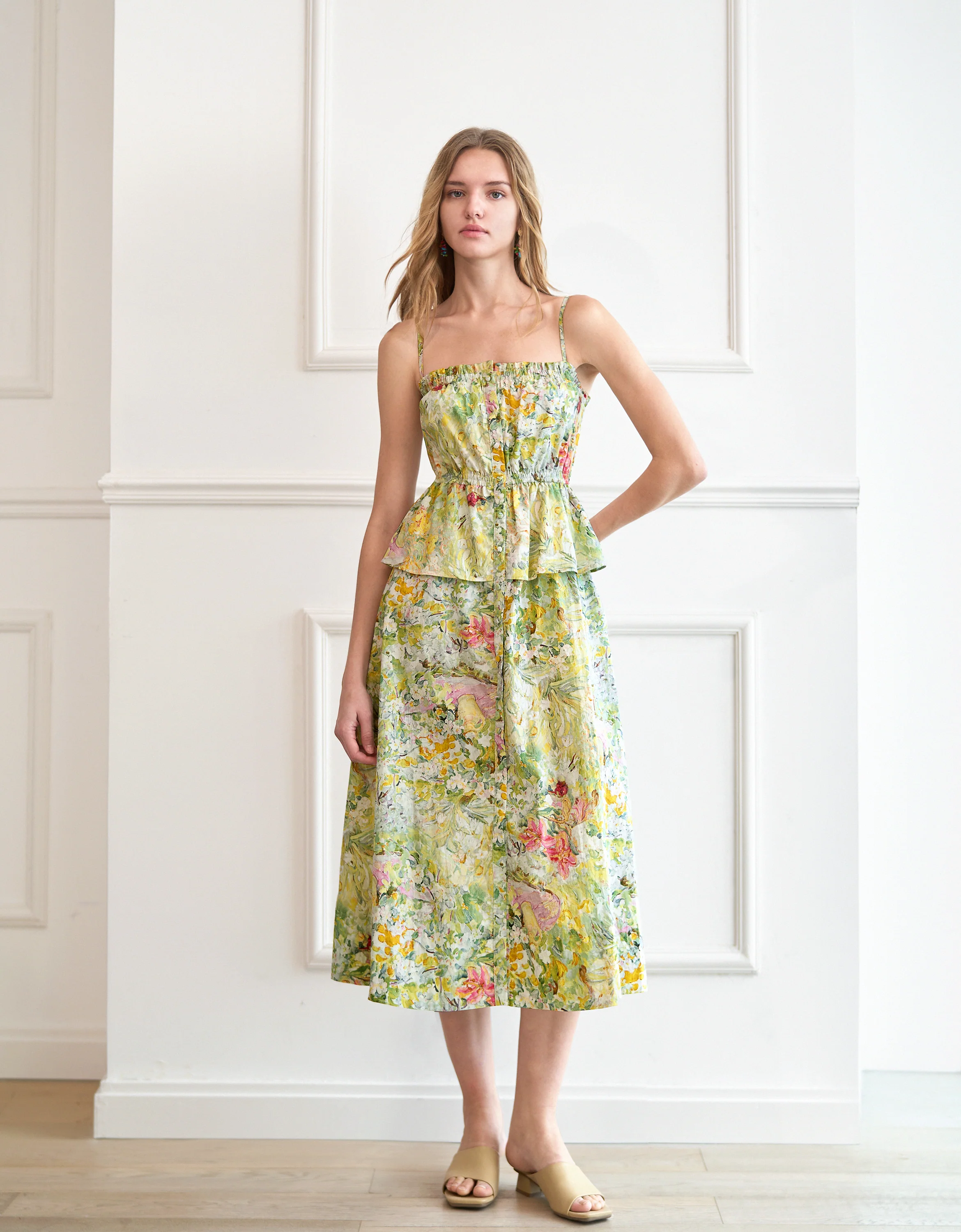 Floral Oil Paint Print Strap Midi Dress