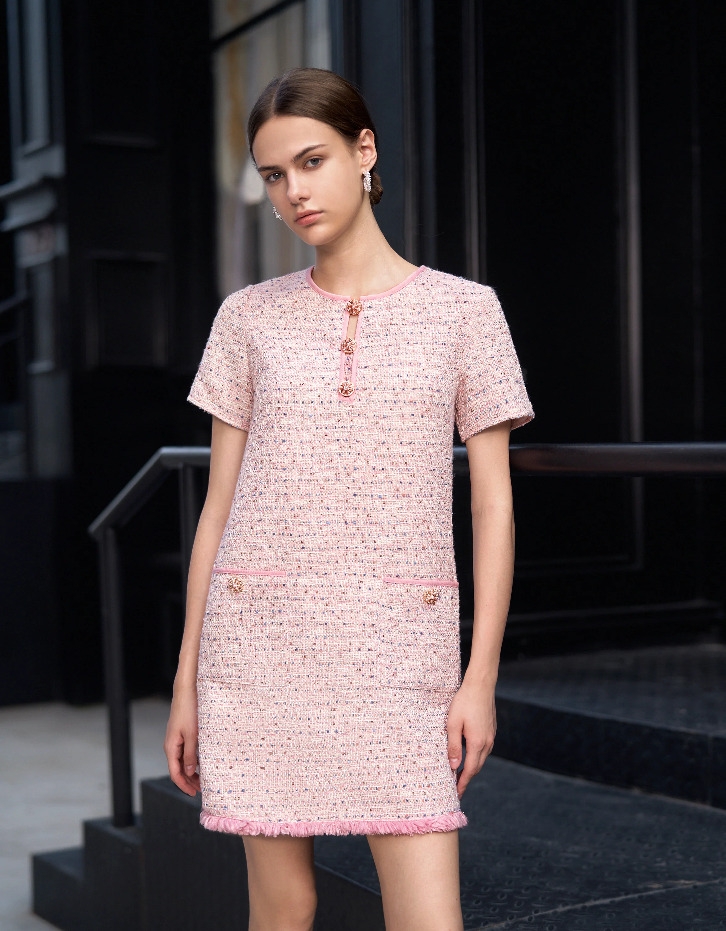 Fringe Hem Short Sleeve Tweed Dress - Image 5
