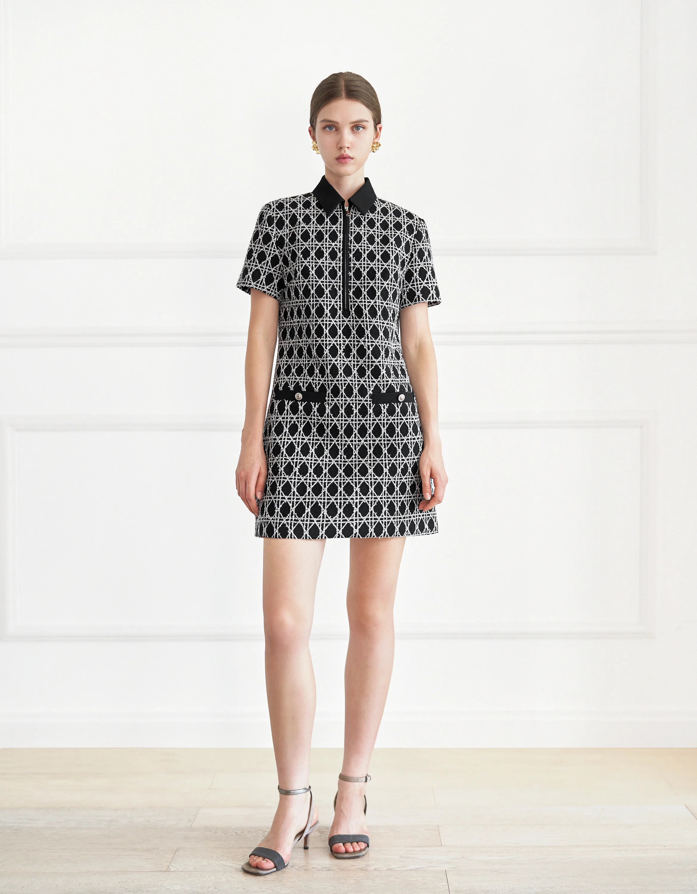 Half Zip Front Short Sleeve Checkered Dress - Image 6
