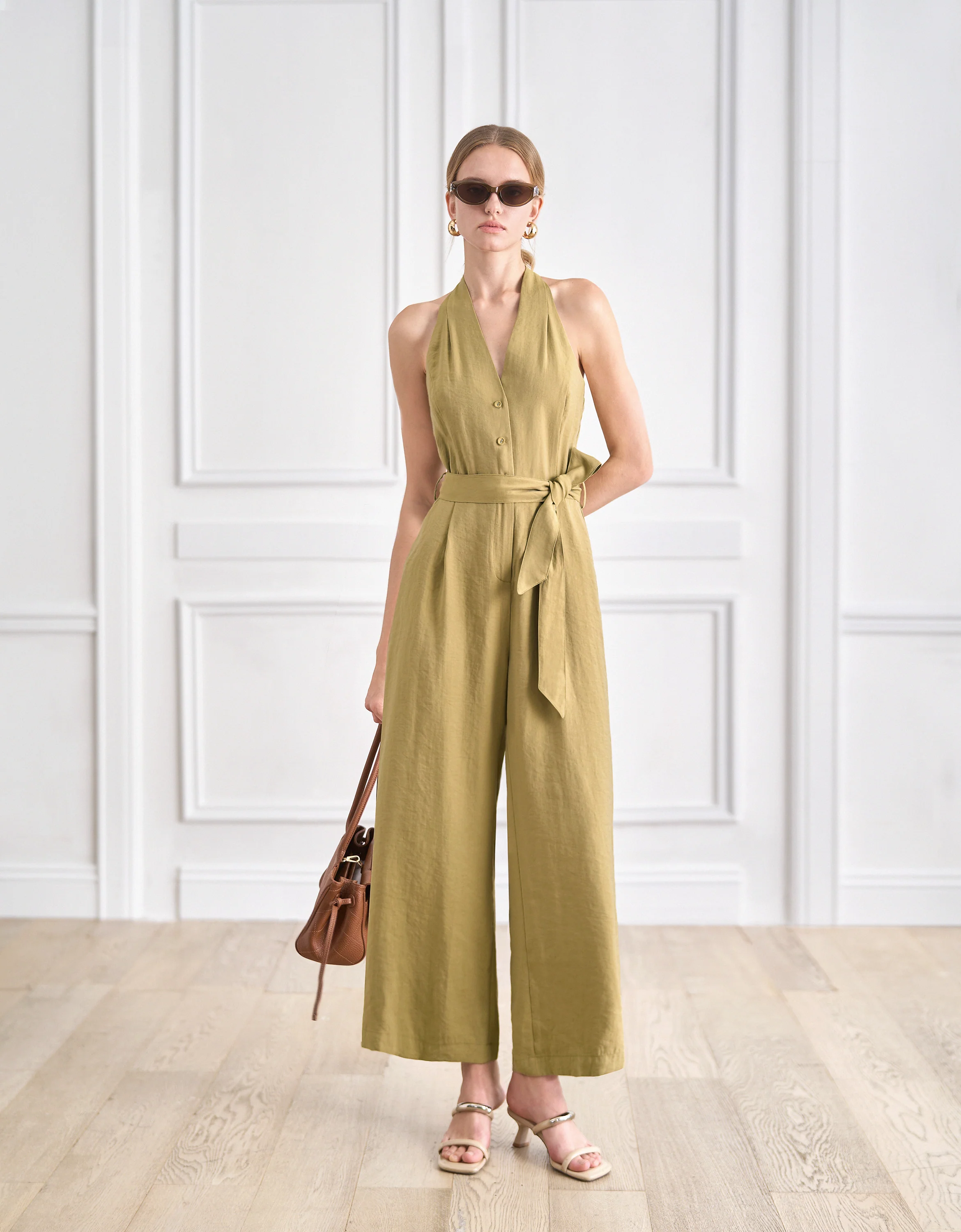 Halterneck Button Front V-neck Jumpsuit - Image 4