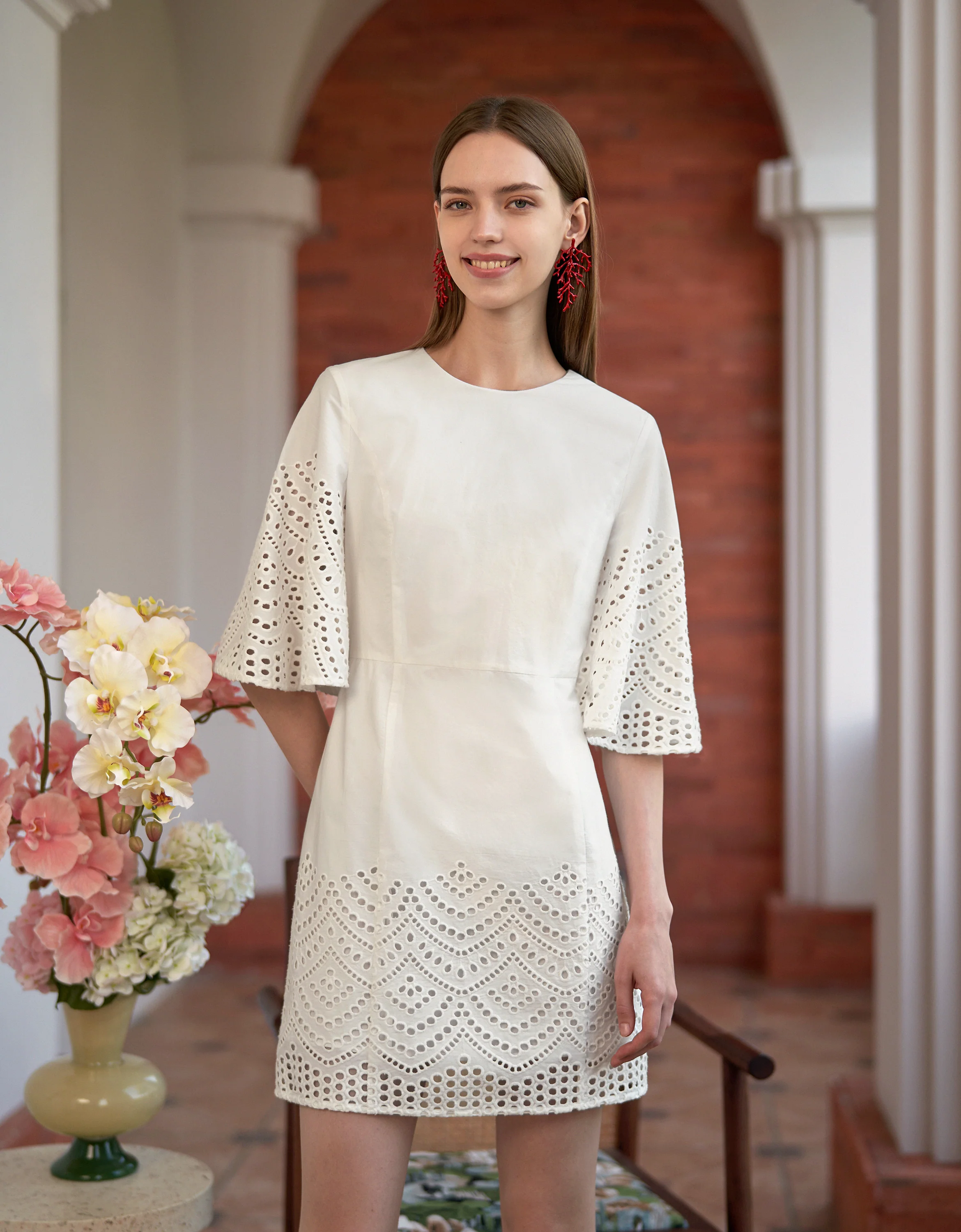 Hollow Embroidery Trumpet Sleeve Dress - Image 2