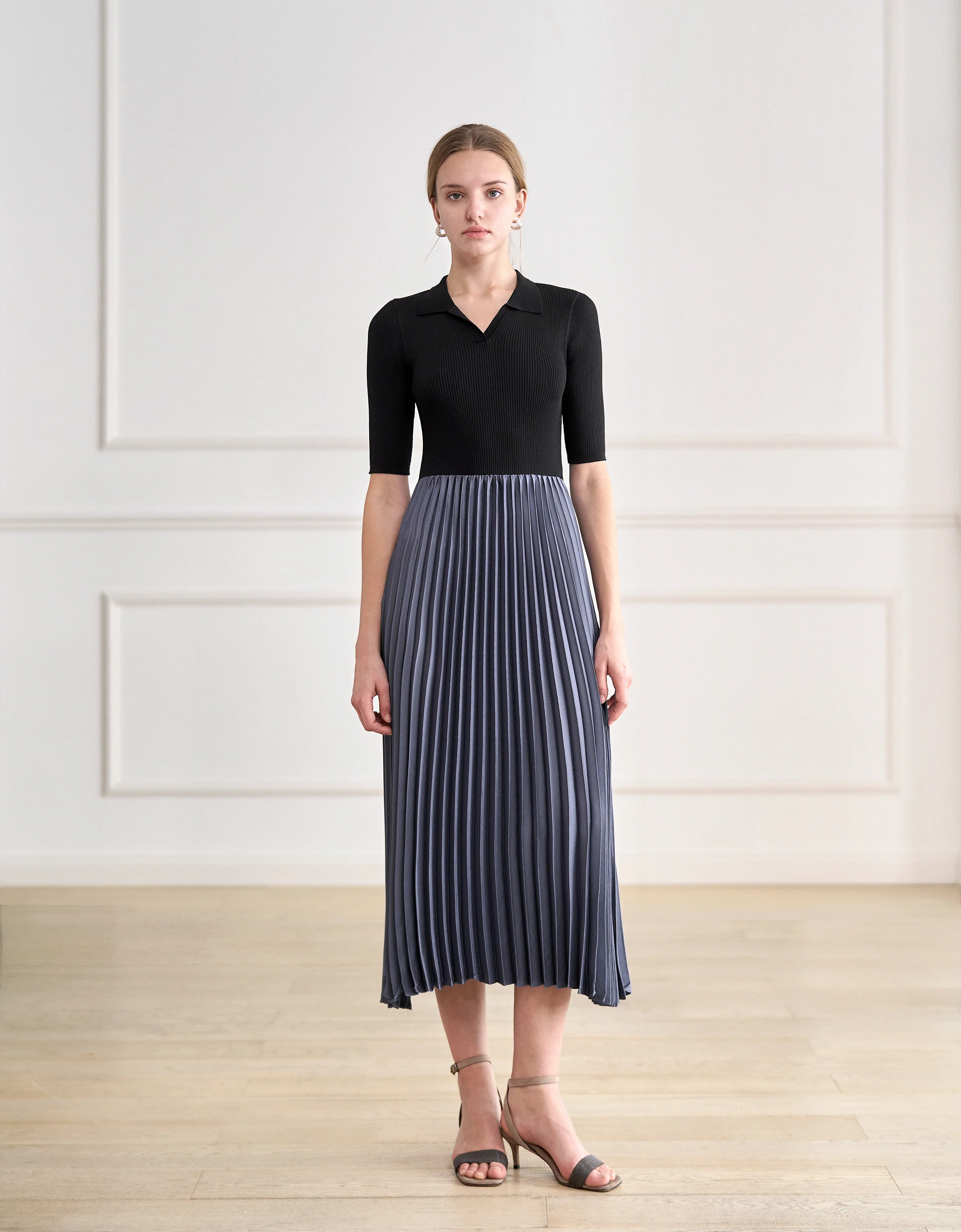 Knit Top Pleated Skirt Midi Dress