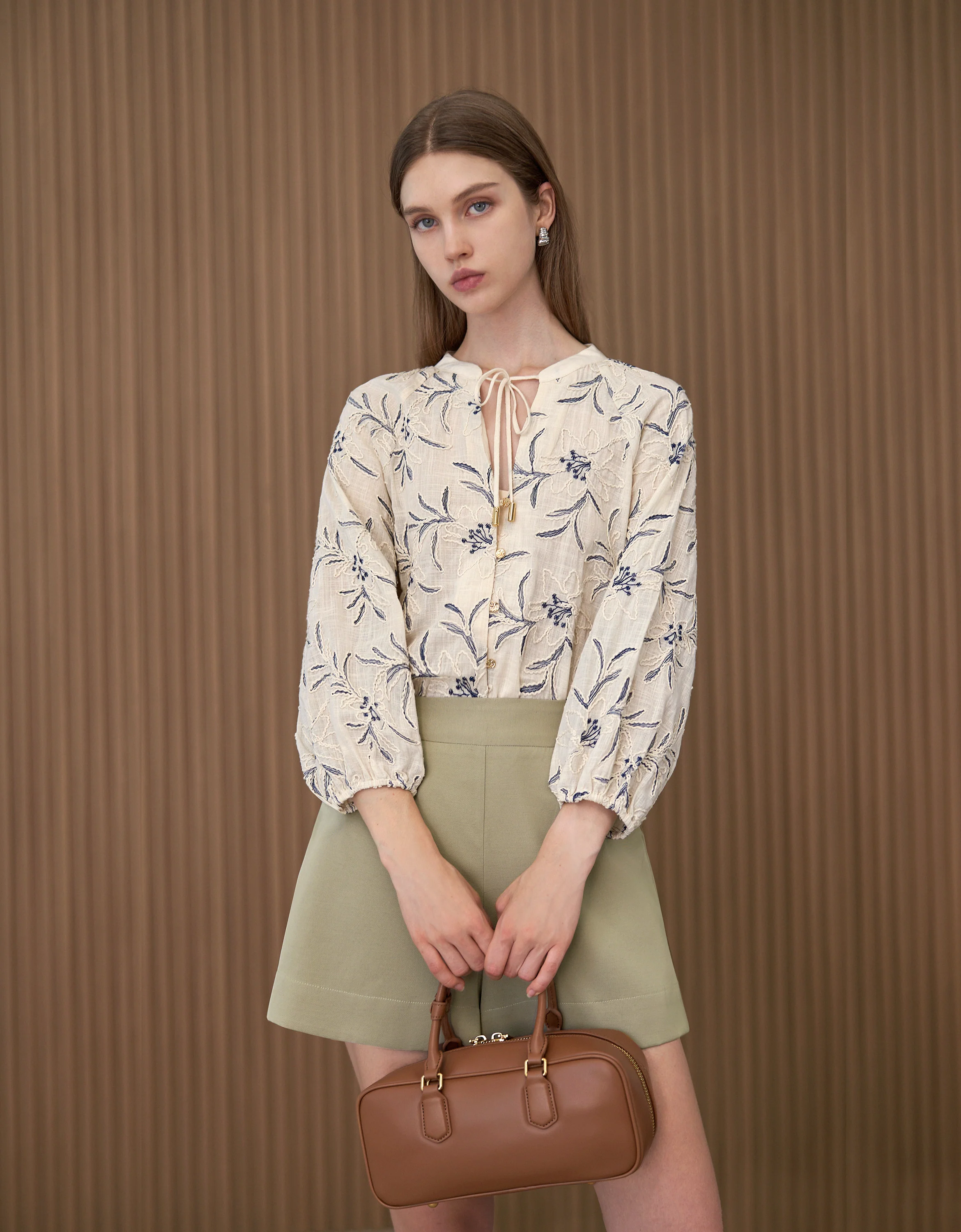Long Sleeve Button Front Embroidered Top - Image 3