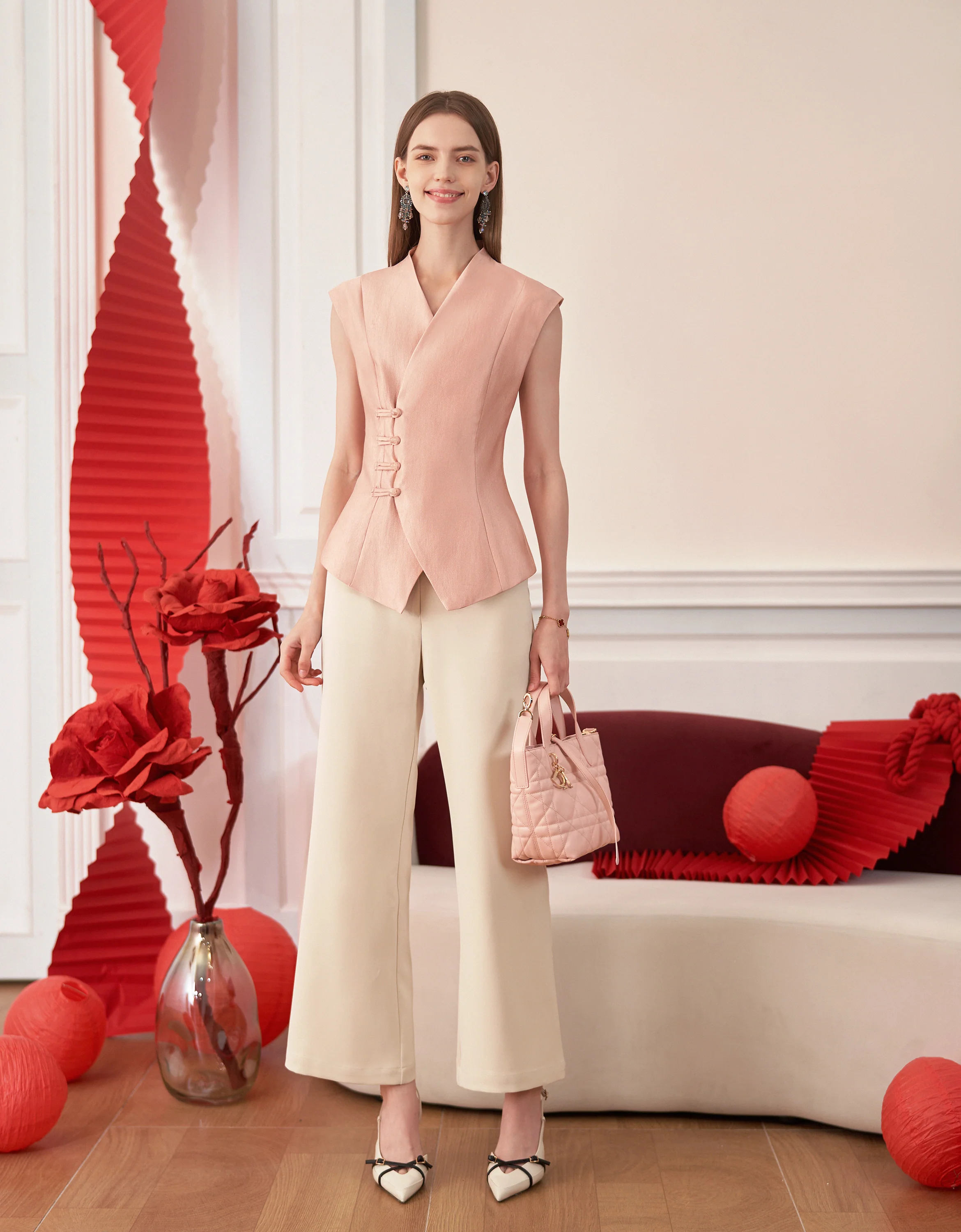 Mandarin Knot Button Overlap Front V-neck Top - Image 2