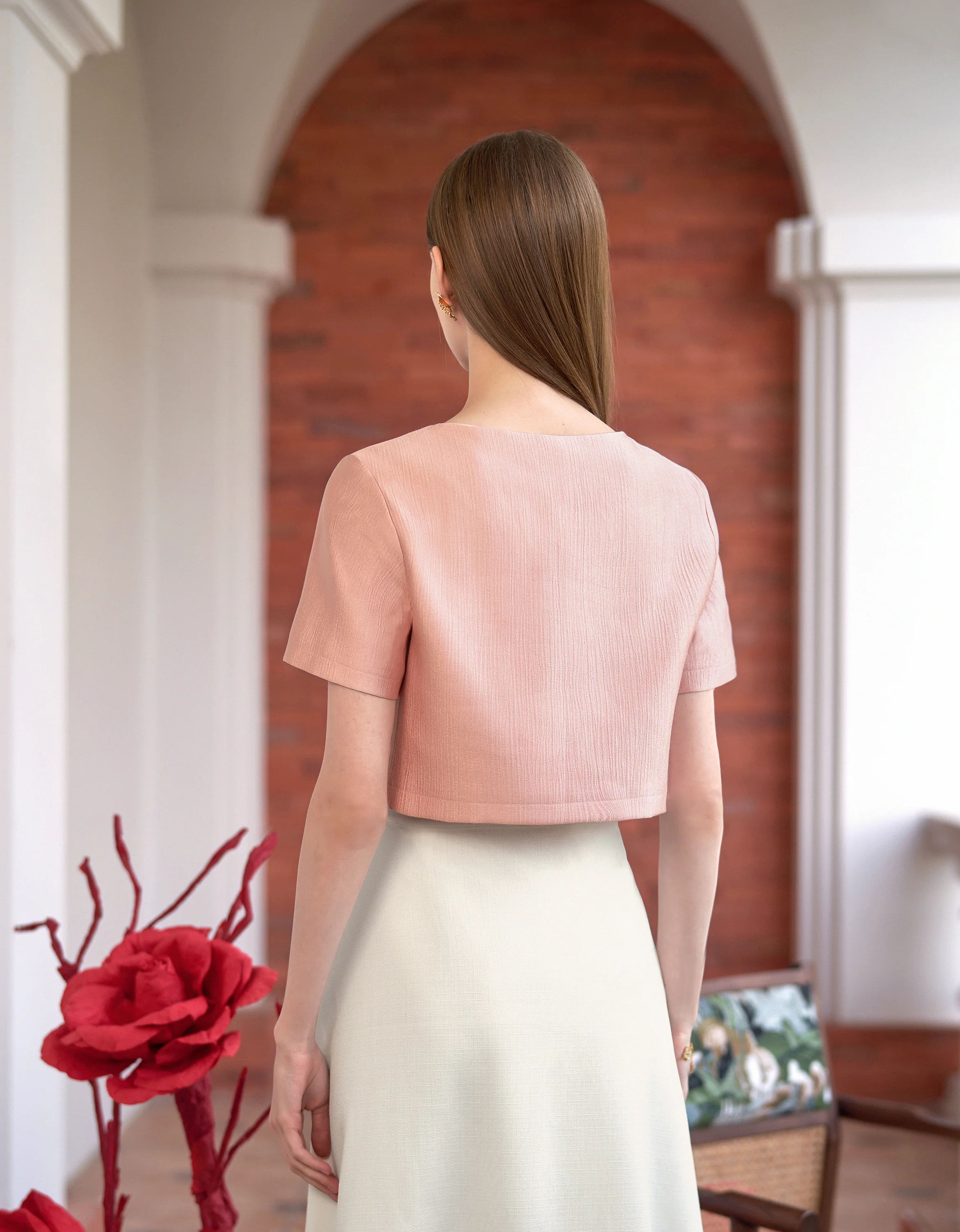 Mandarin Knot Button Short Sleeve Cropped Top - Image 13