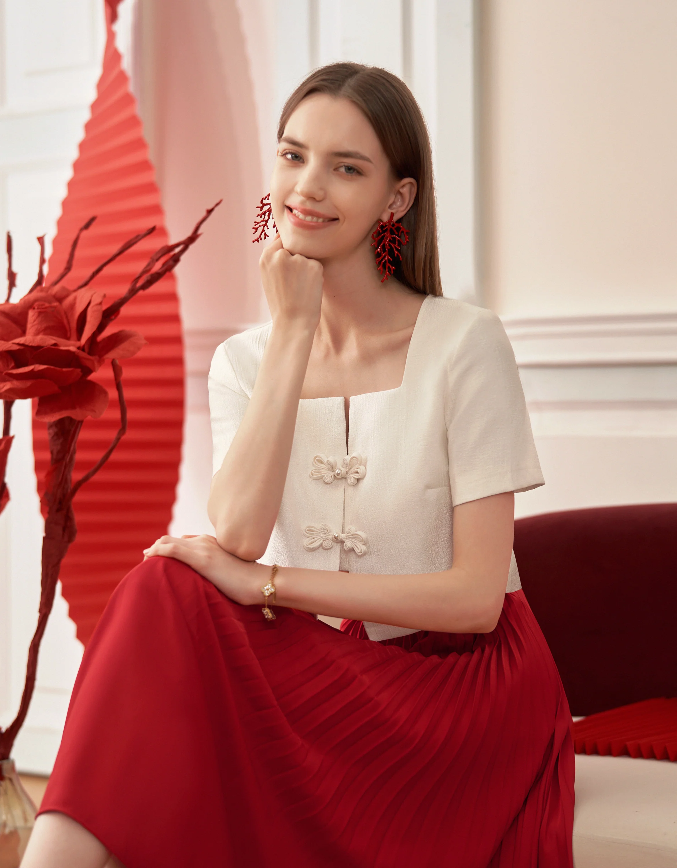 Mandarin Knot Button Short Sleeve Cropped Top - Image 18