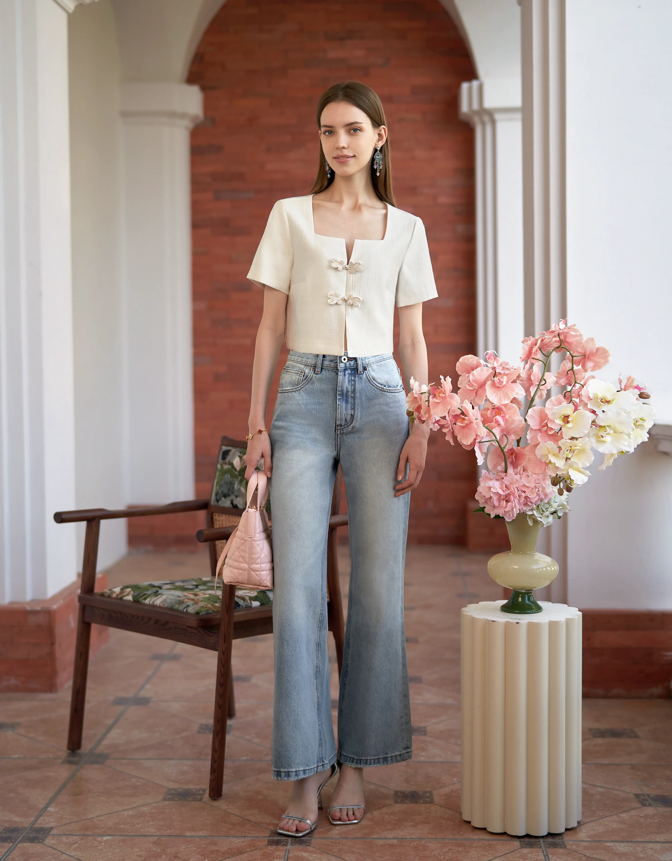 Mandarin Knot Button Short Sleeve Cropped Top - Image 22