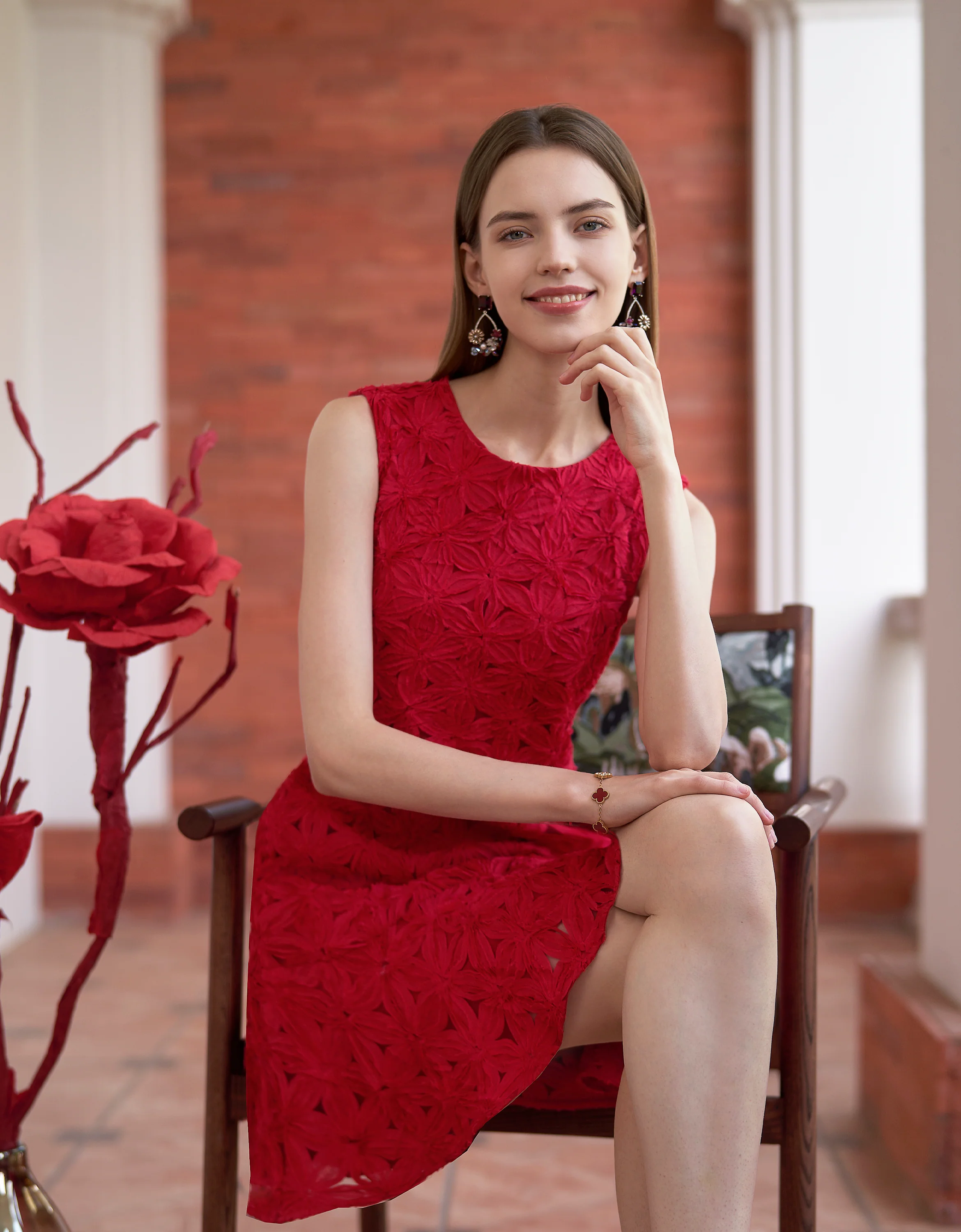 Openwork Floral Embroidery Sleeveless Dress - Image 4
