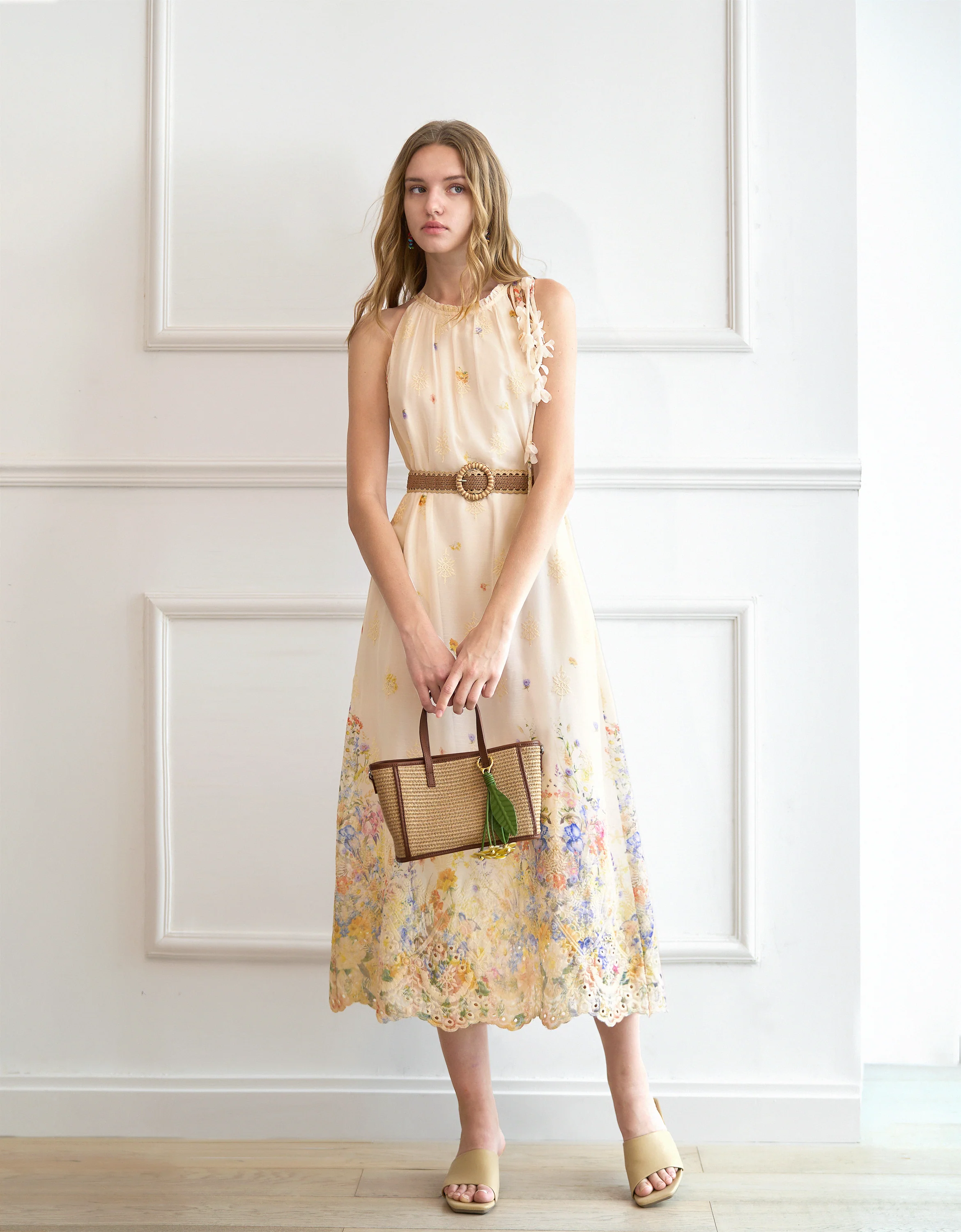 Placement Floral Embroidery Halterneck Sleeveless Dress - Image 7