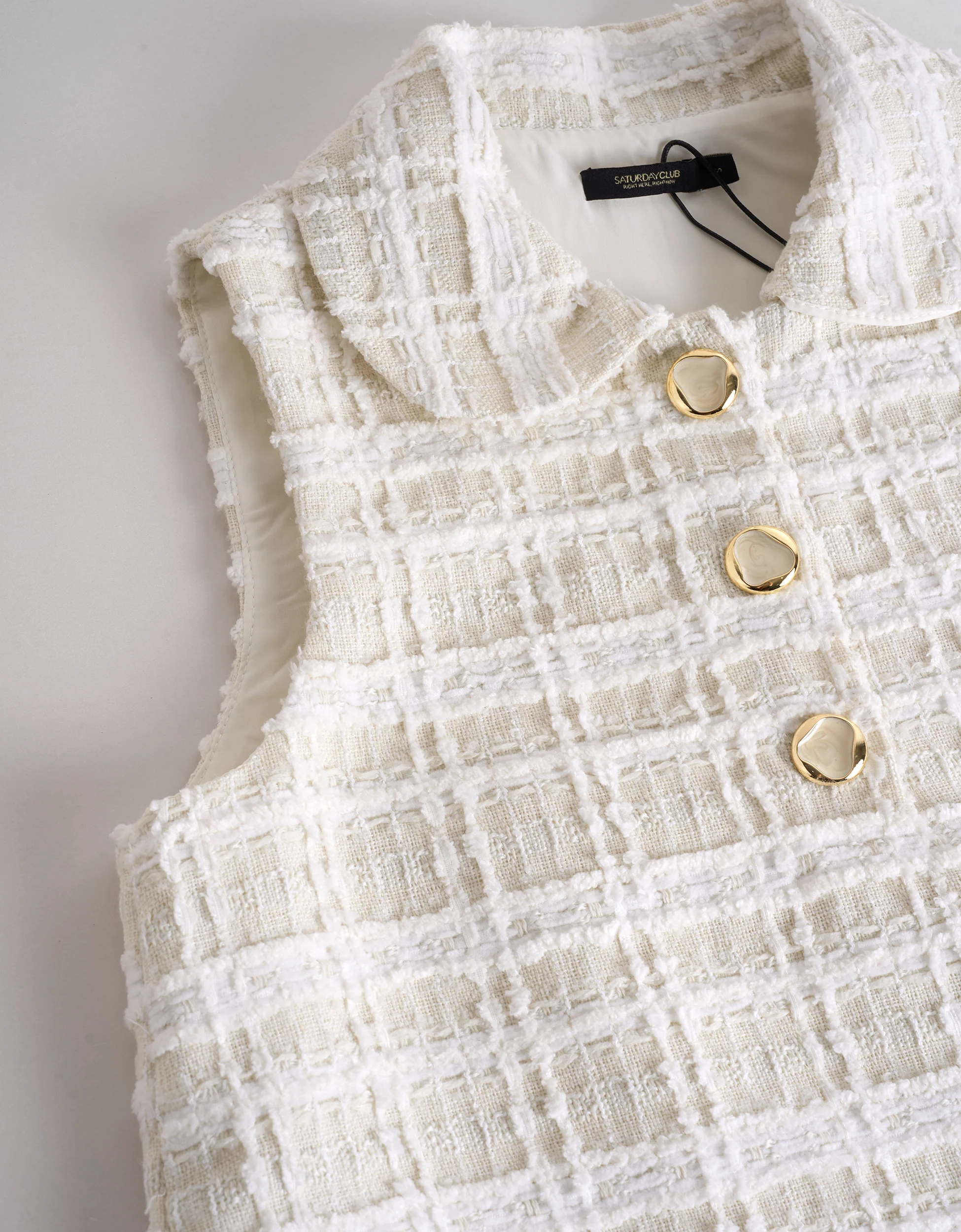 Pleated Detail Sleeveless Collared Tweed Dress - Image 4