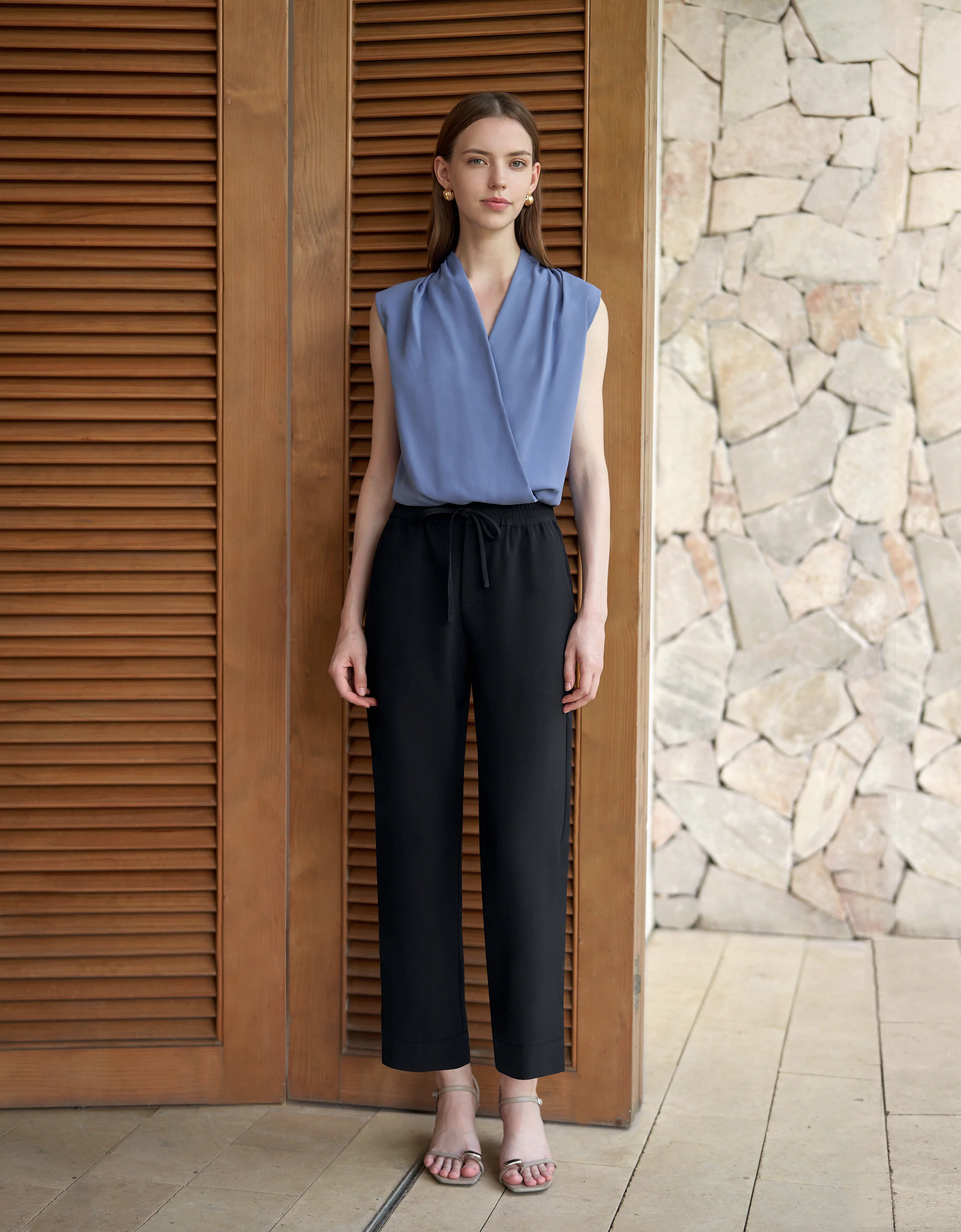 Pleated Shoulders V-neck Top - Image 18