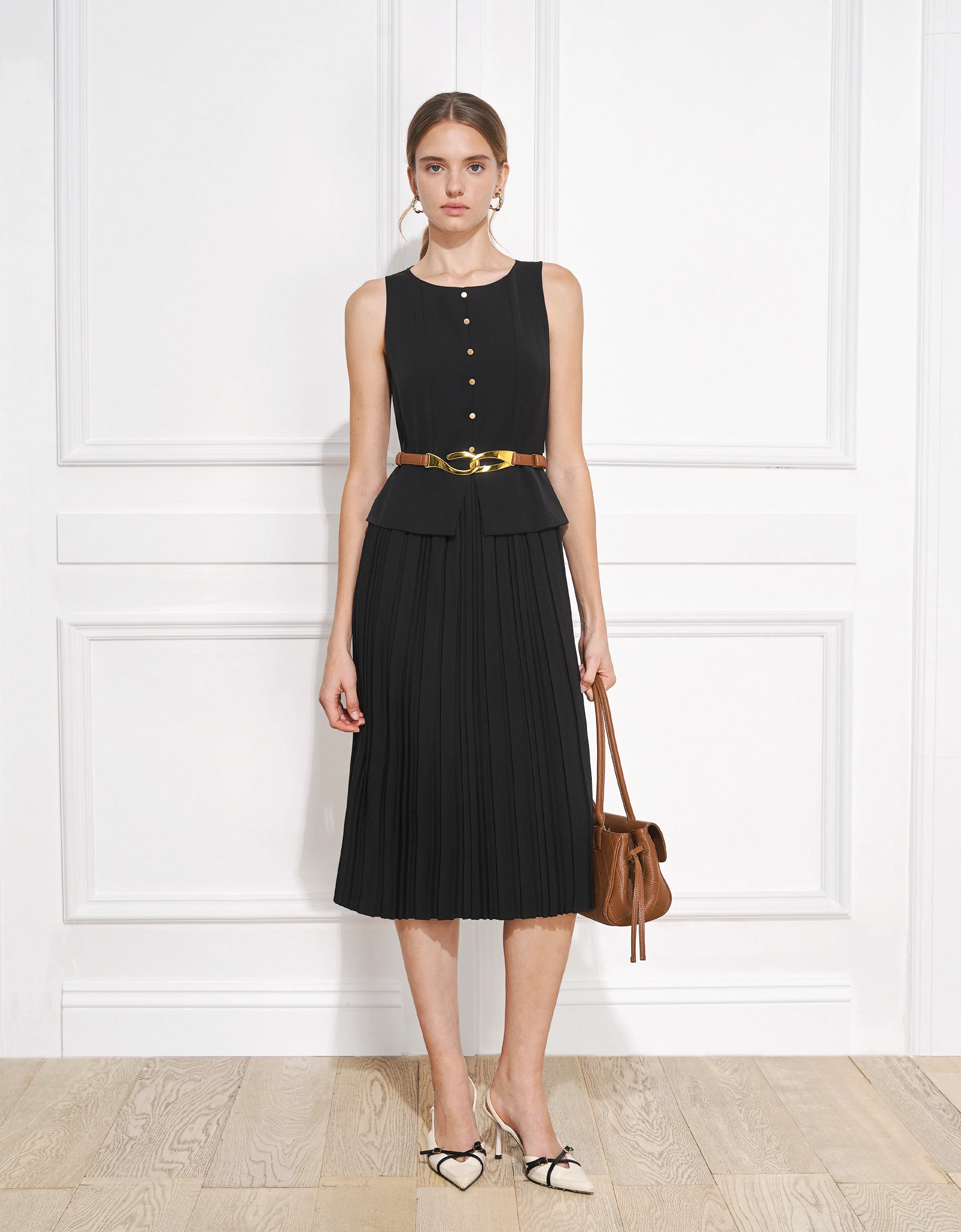 Pleated Skirt Button Front Sleeveless Dress