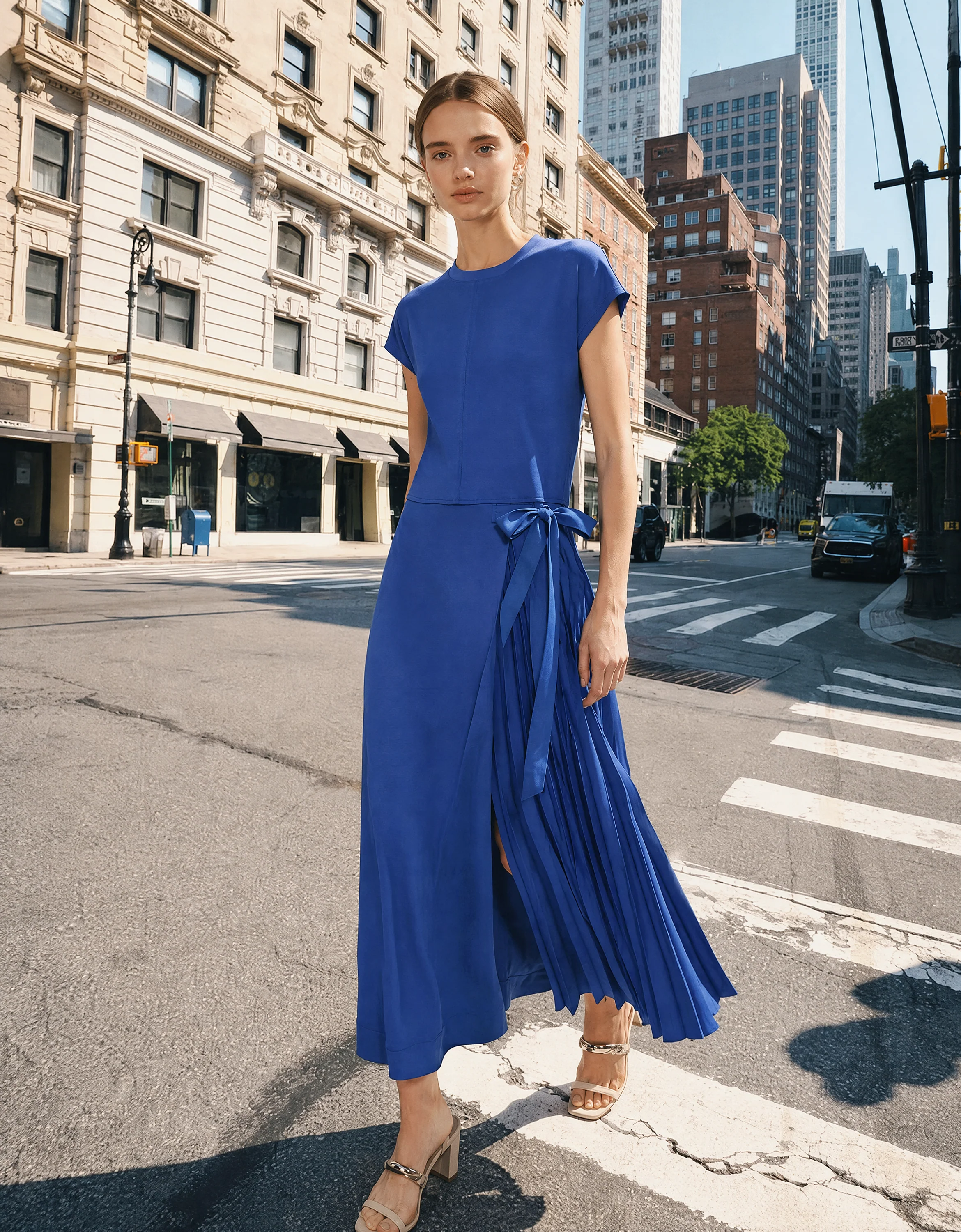 Pleated Skirt Side Strap Short Sleeve Dress