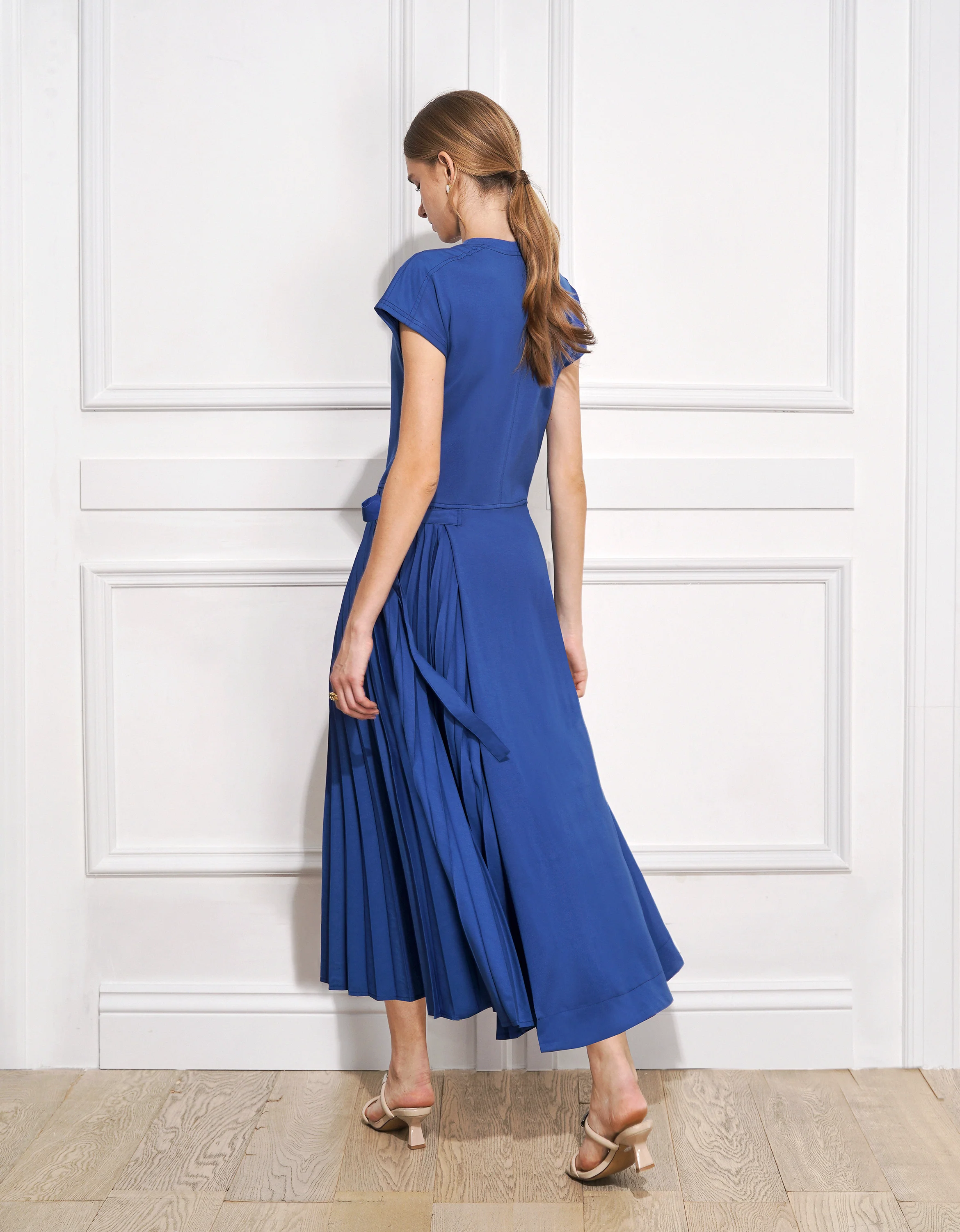 Pleated Skirt Side Strap Short Sleeve Dress - Image 2