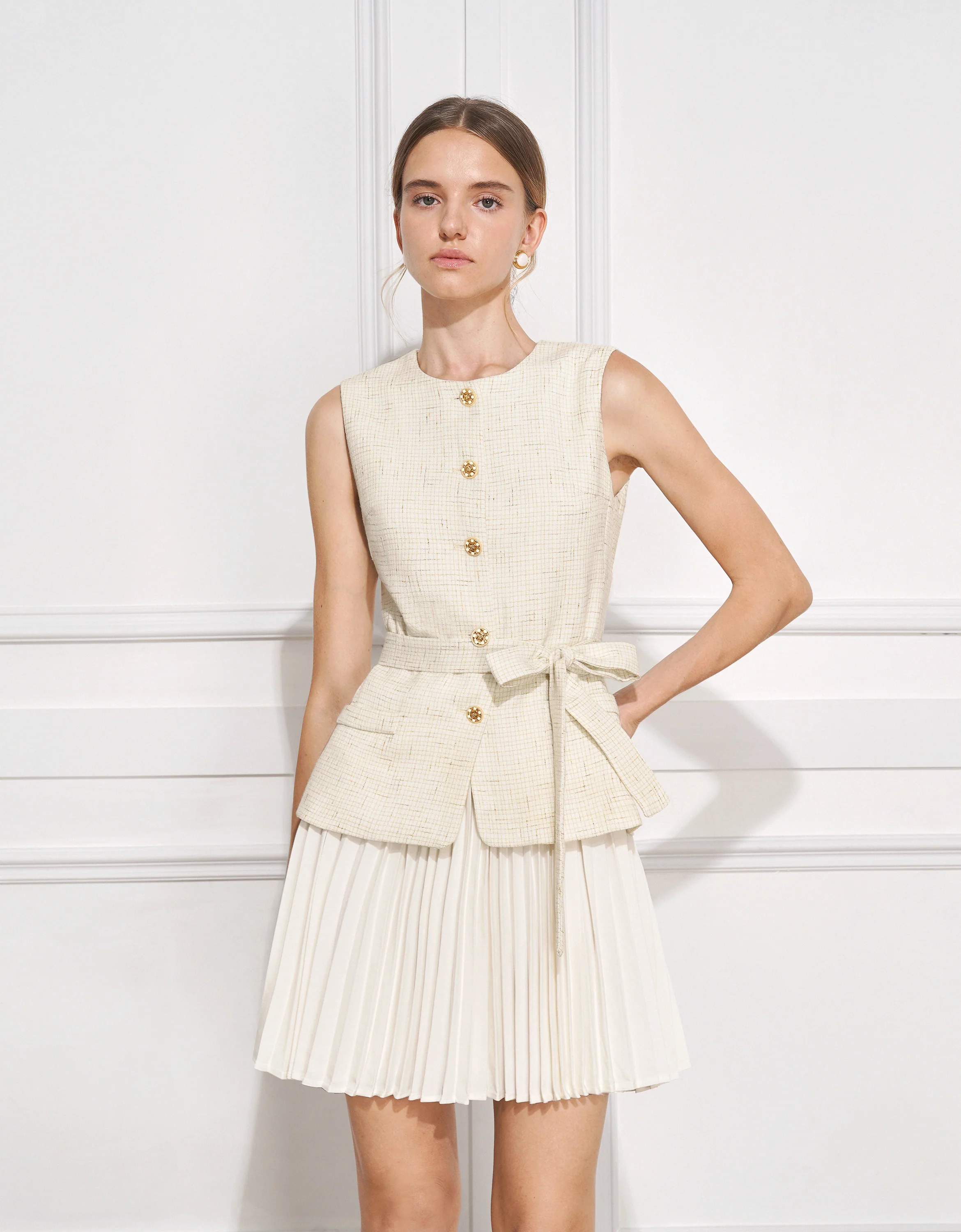 Pleated Skirt Sleeveless Plaid Vest Dress - Image 3