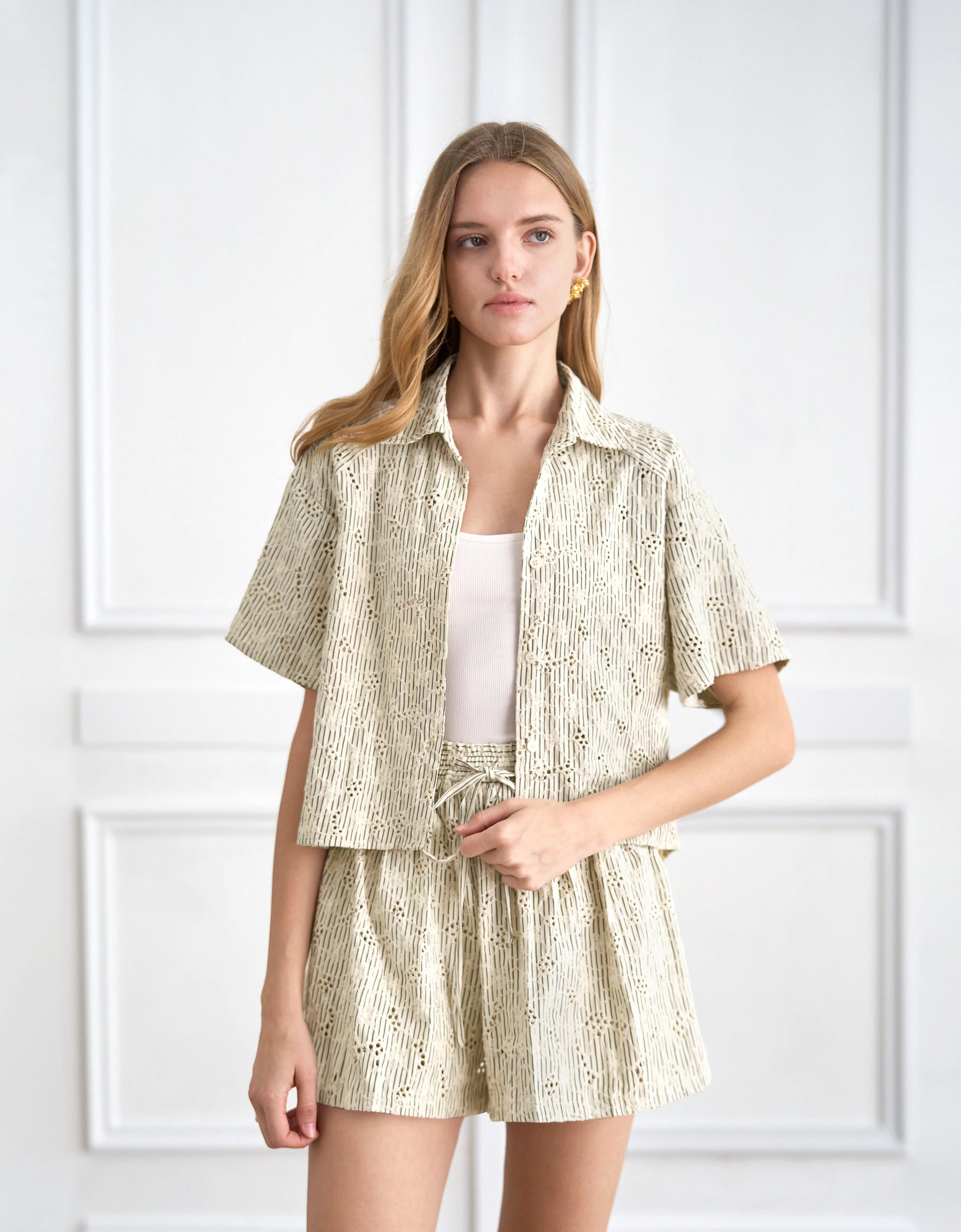 Pleated Striped Embroidered Shorts - Image 2