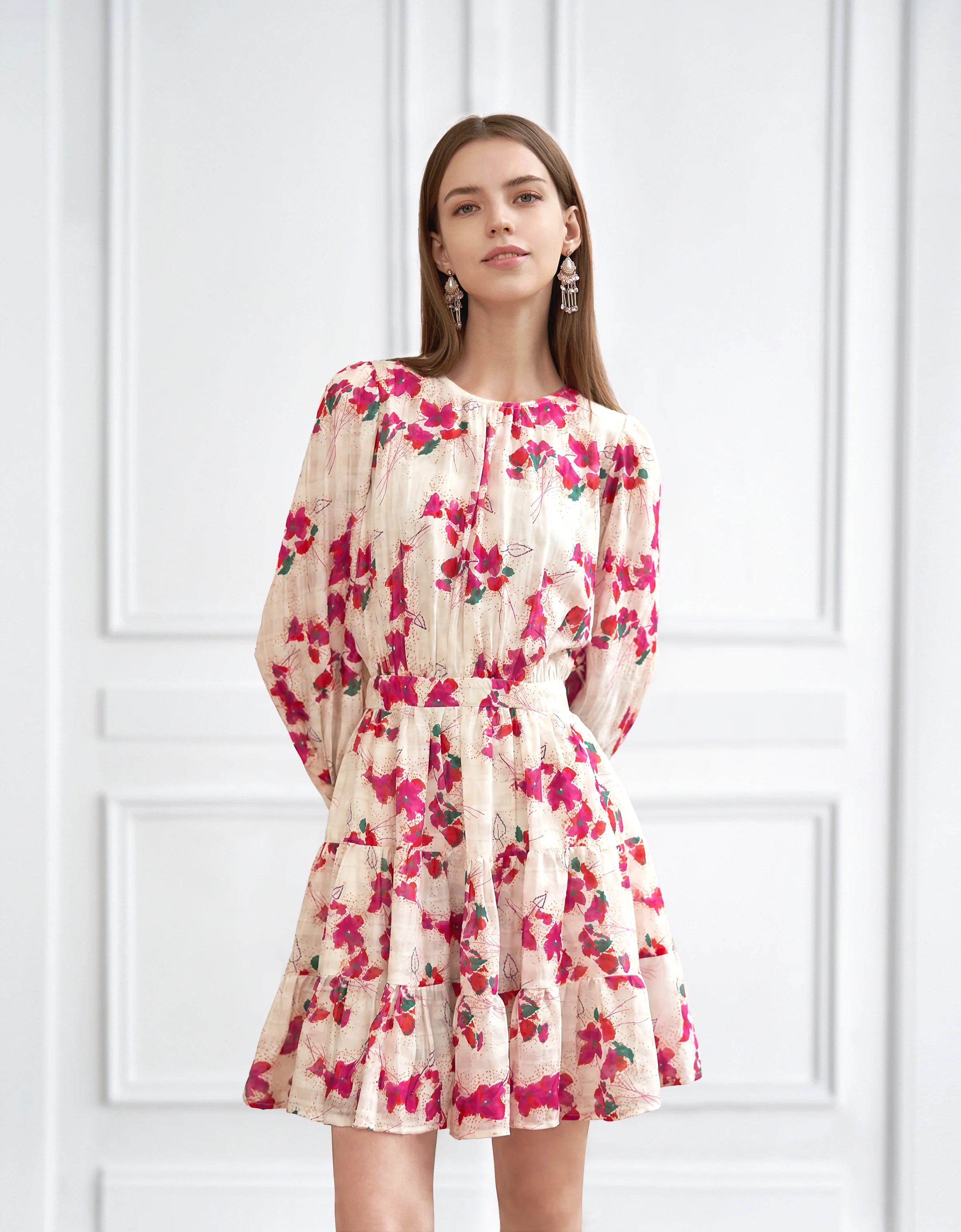 Round Neck Long Sleeve Tiered Floral Dress