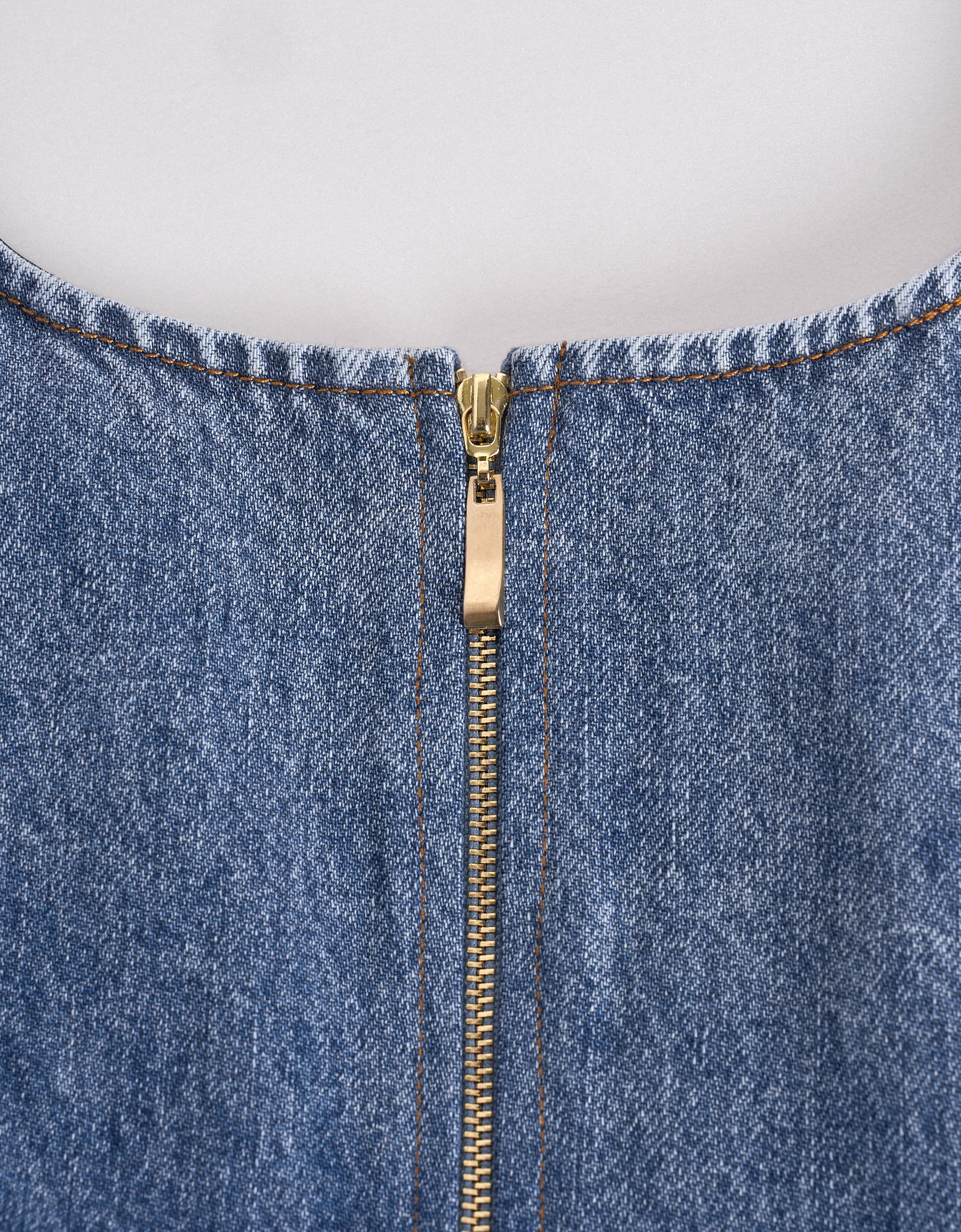 Ruffled Detail Square Neck Denim Dress - Image 7