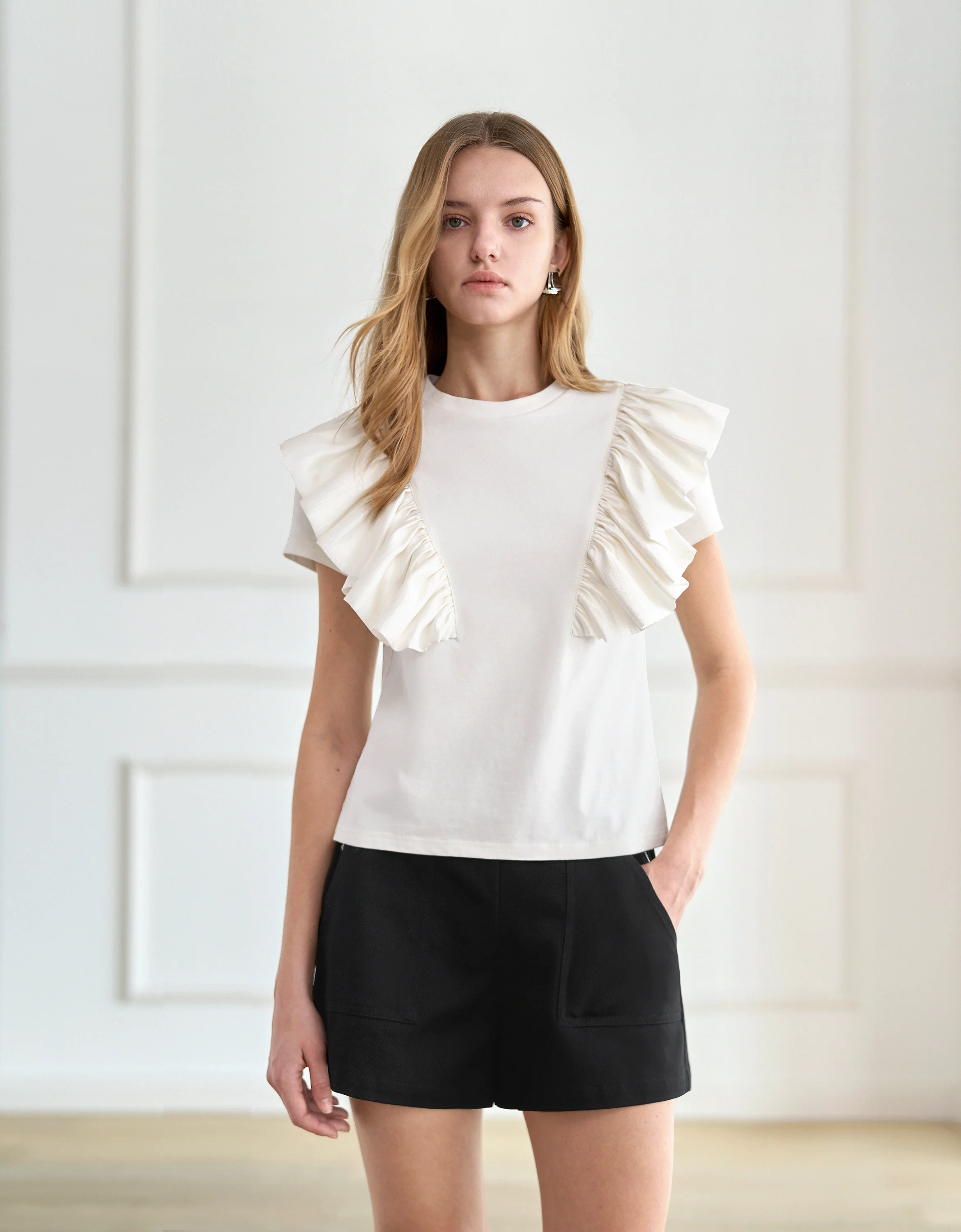 Ruffled Panel Round Neck T-Shirt