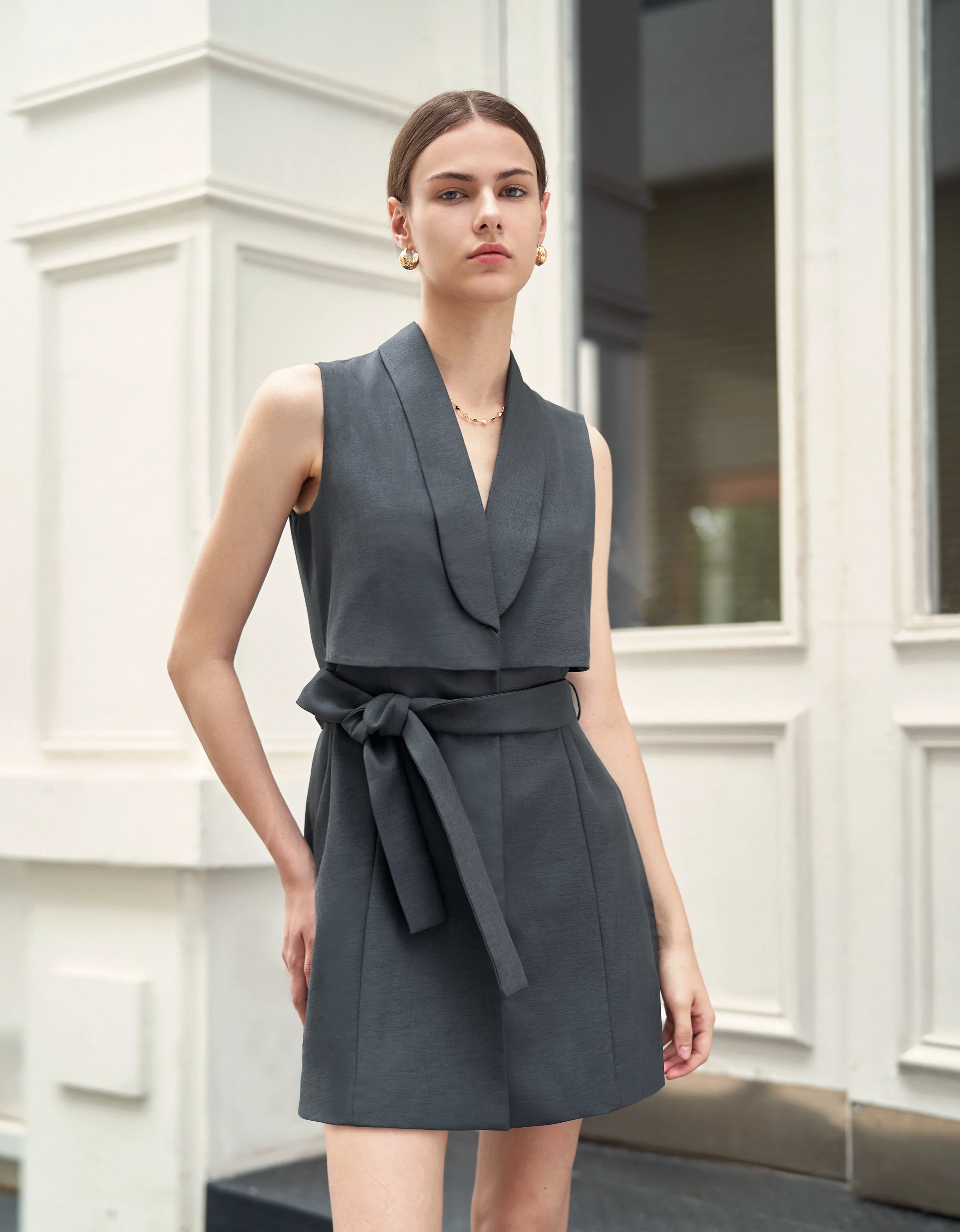 Shawl Collar Belted Waist Dress - Image 18