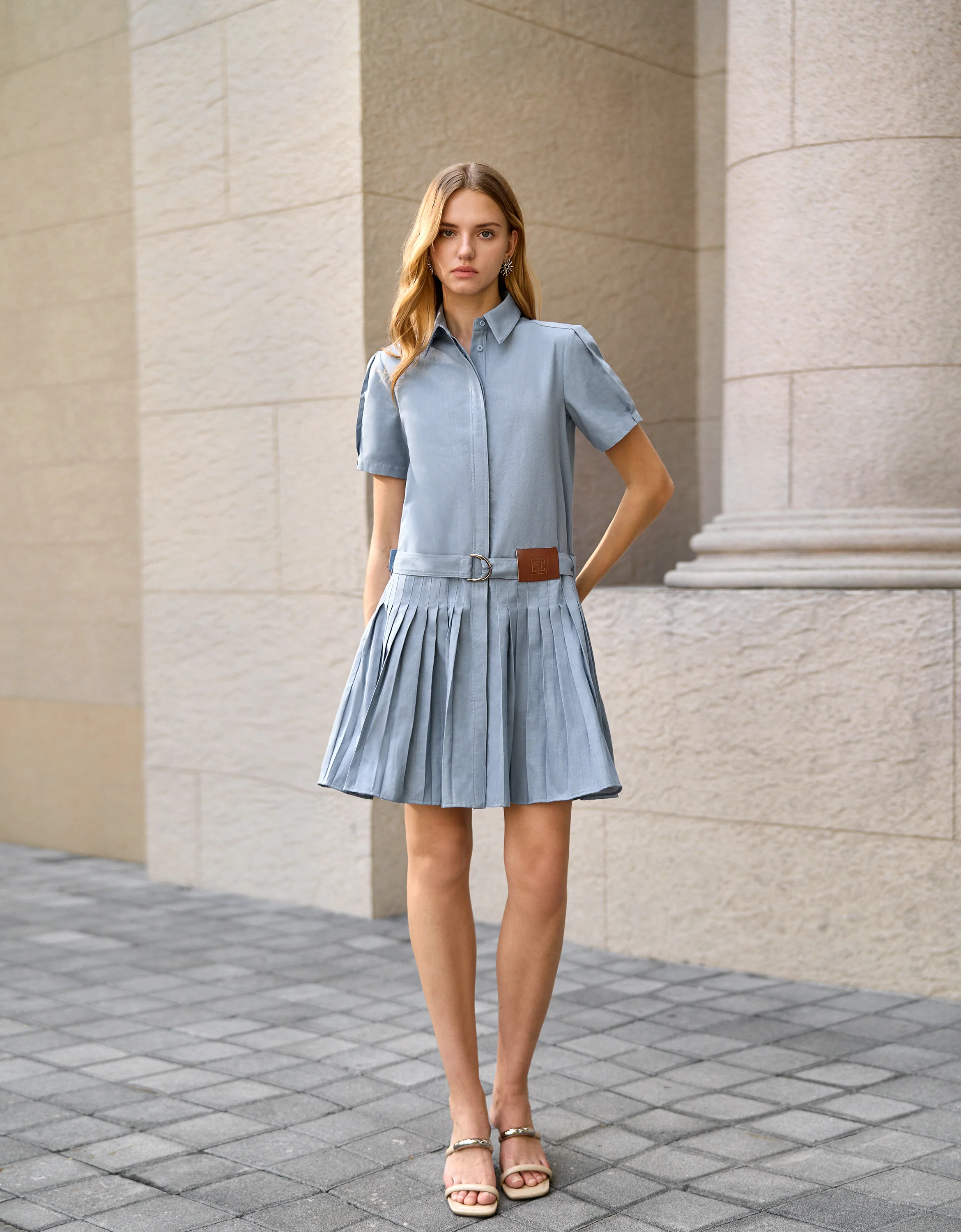 Short Sleeve Pleated Shirt Dress - Image 2
