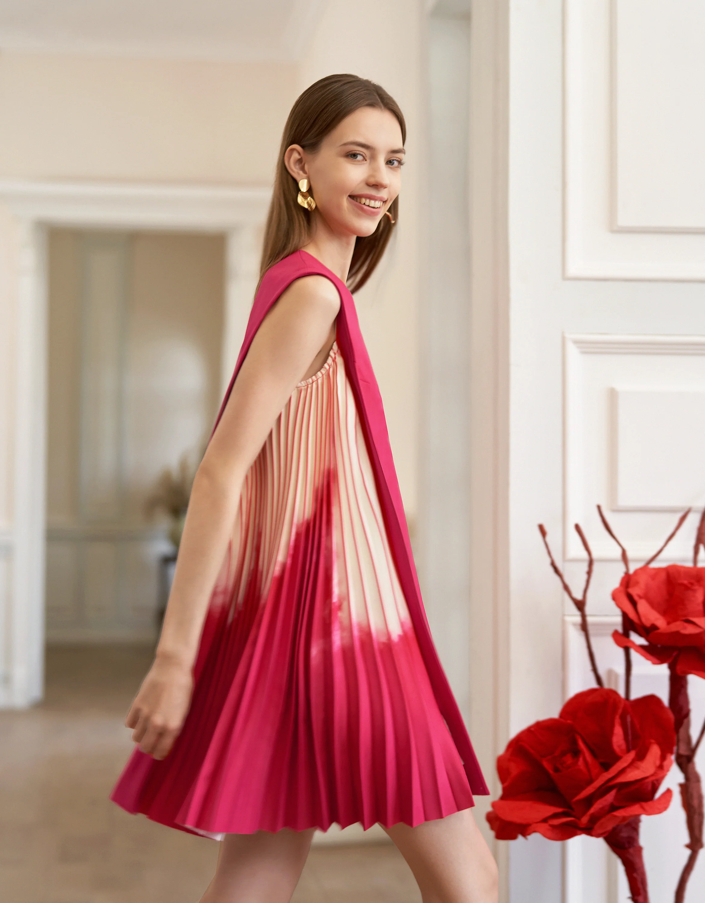 Side Printed Pleated Shift Dress - Image 2