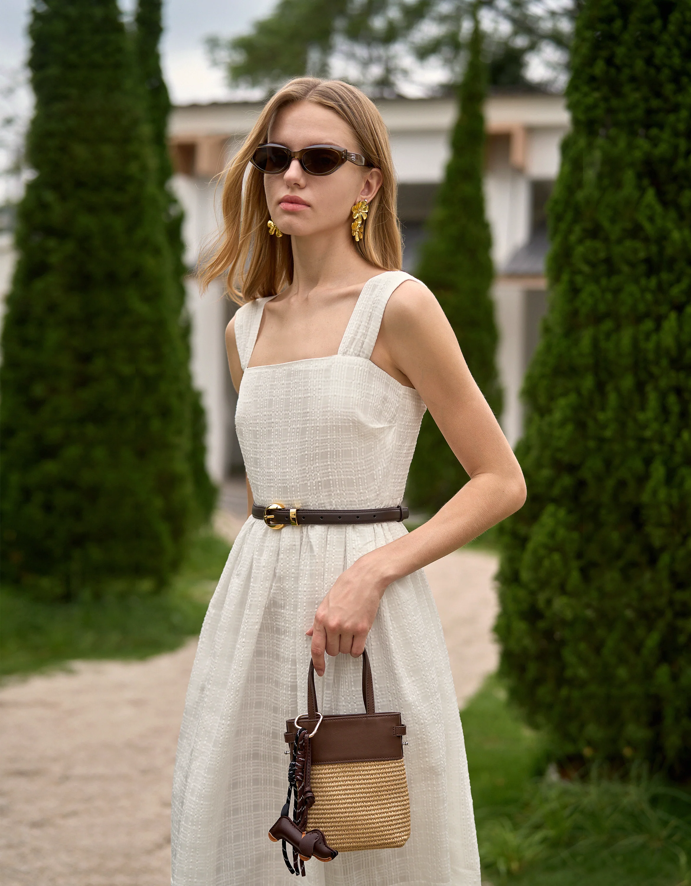Square Neck Plaid Textured Midi Dress - Image 5