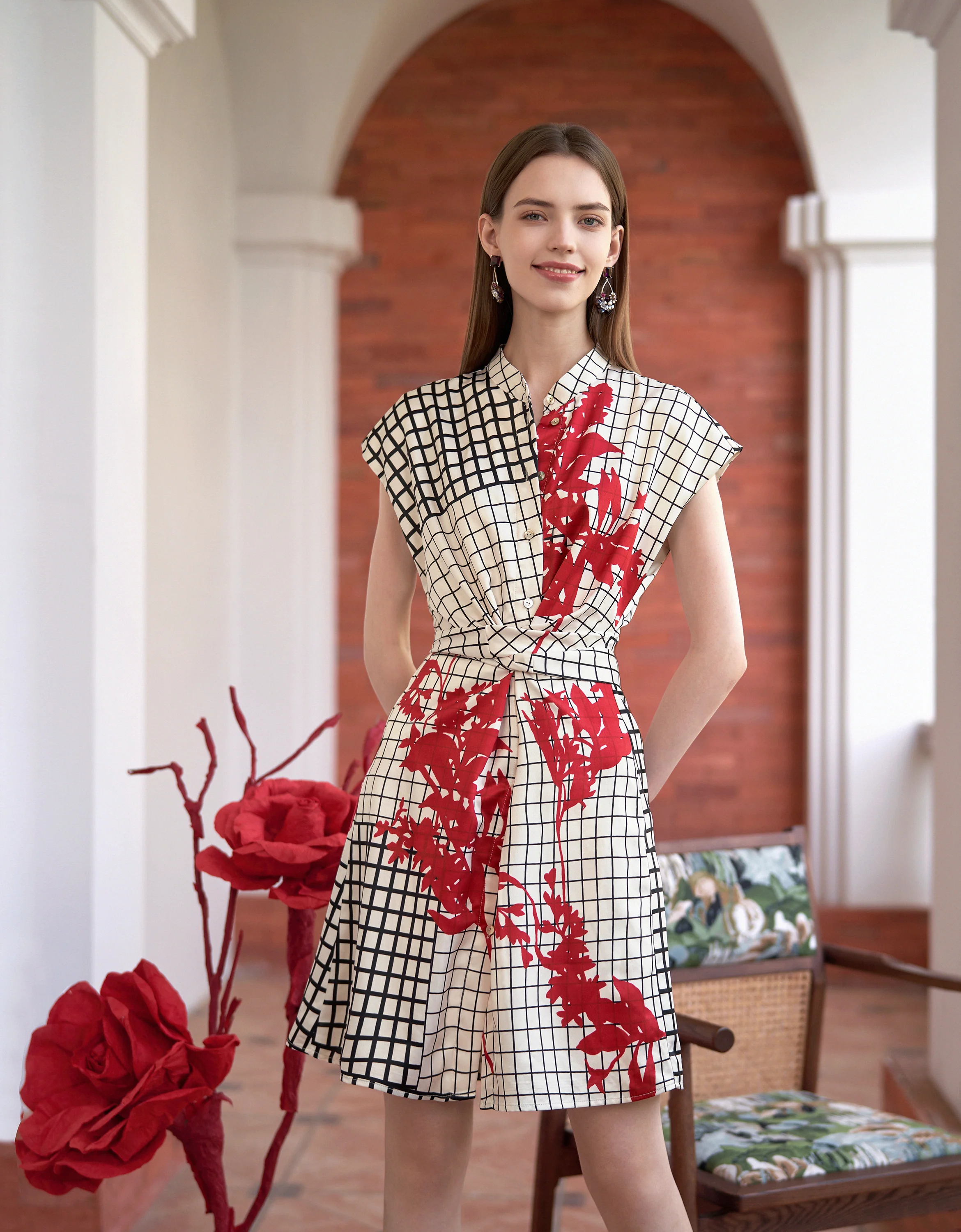 Stand Collar Floral Check Print Dress - Image 4