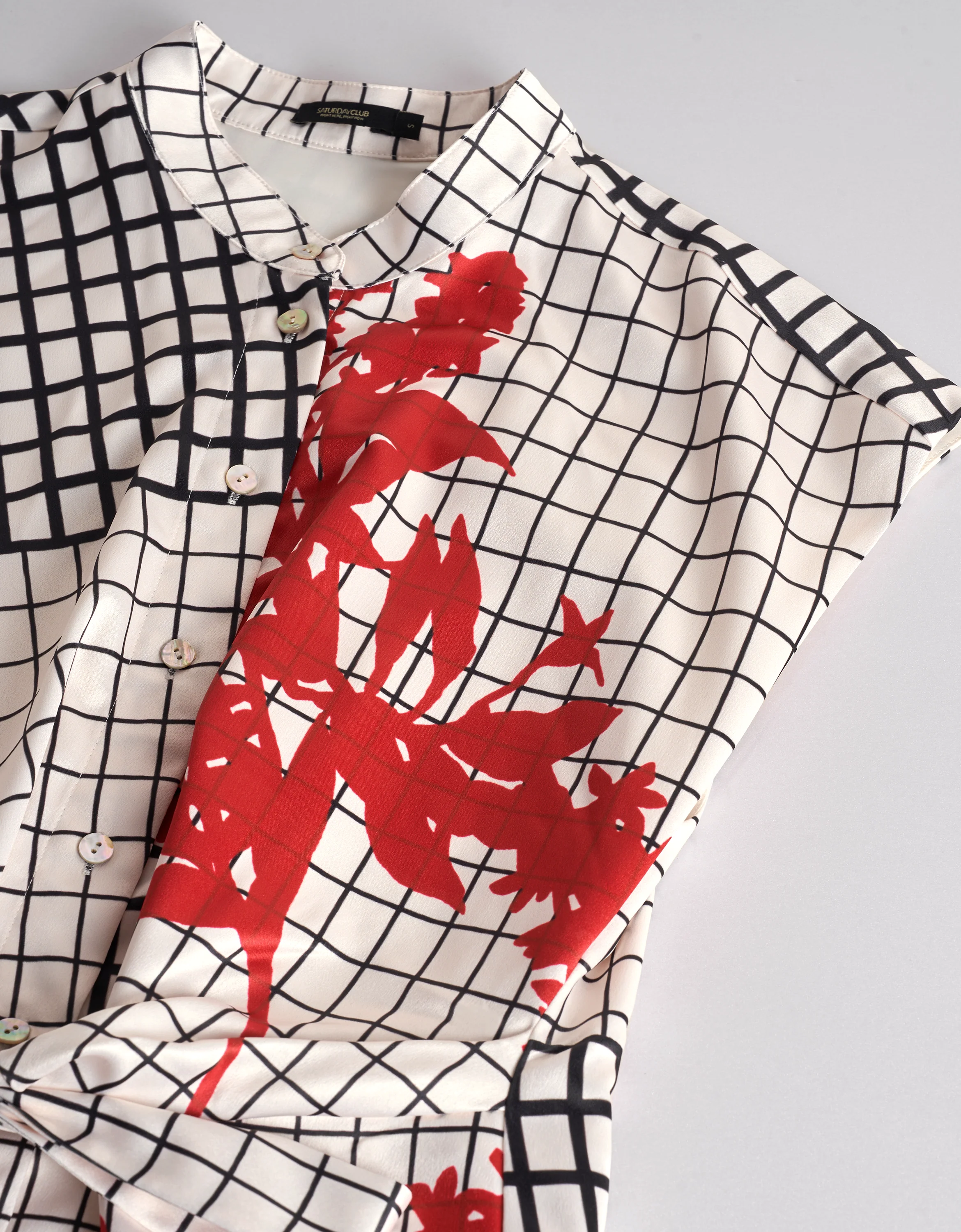 Stand Collar Floral Check Print Dress - Image 6