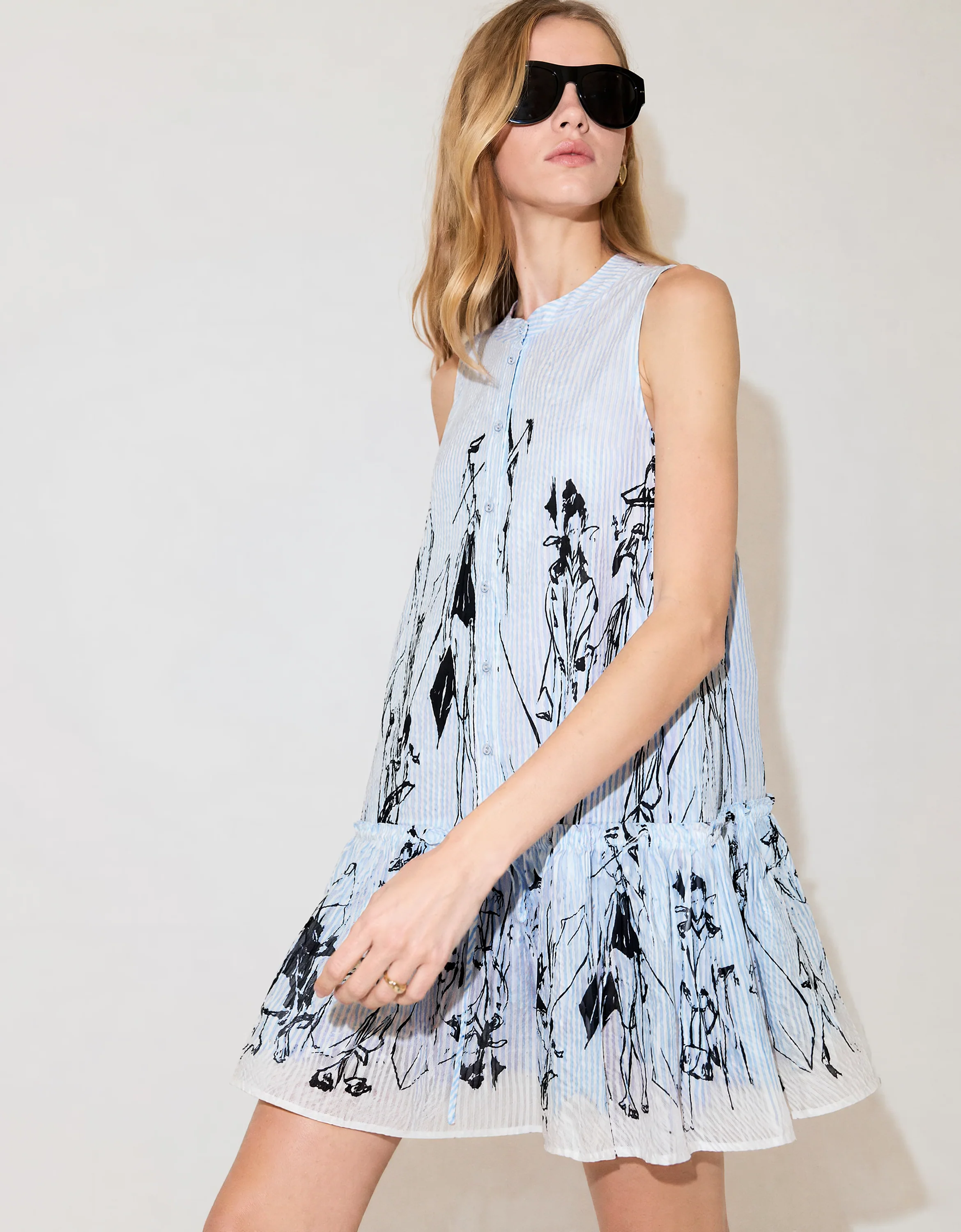 Striped Art Print Ruffled Hem Sleeveless Dress