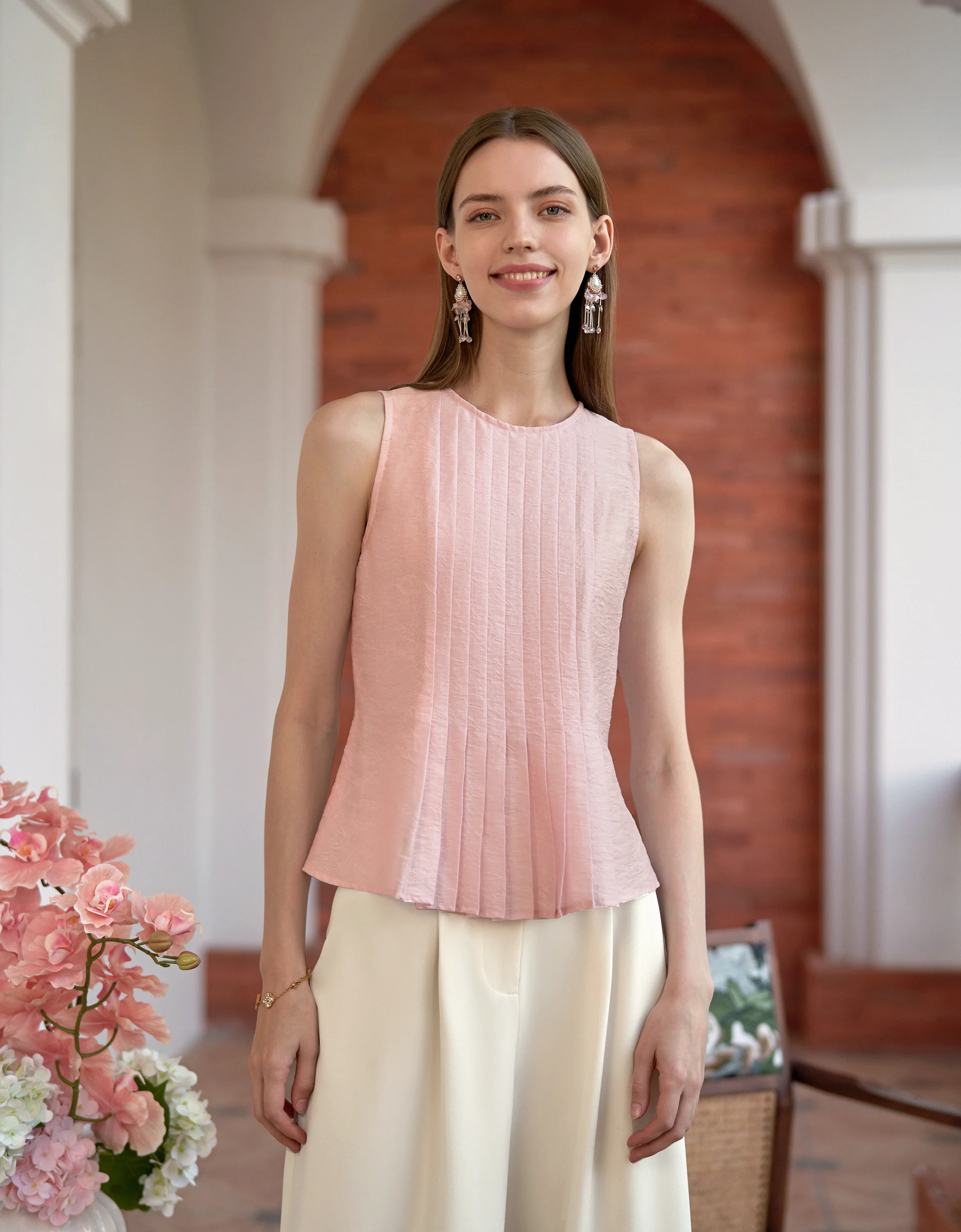 Tencel-blend Jacquard Pleated Sleeveless Top - Image 11